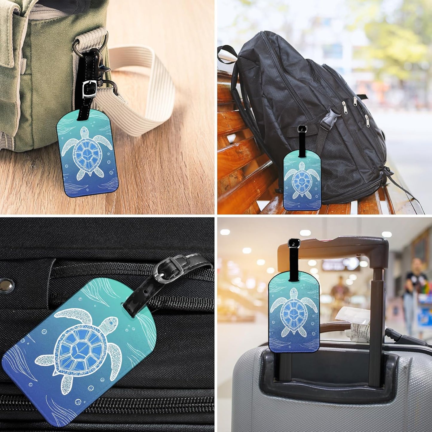 Sea Turtle Luggage Tag with Full Privacy Cover Sea Animal Bottom Hand Painted Bubble Travel Accessories Tags with Name ID Labels for Suitcases Women Men, 1 Pack
