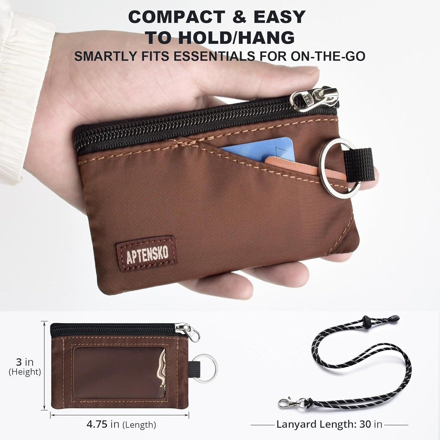 RFID Travel Wallet with Adjustable Lanyard-Zipper Small Wallet with ID Card Holder, Keychain for women&men-Minimalist Slim Waterproof Nylon case for ID, Cash, Key (Coffee)