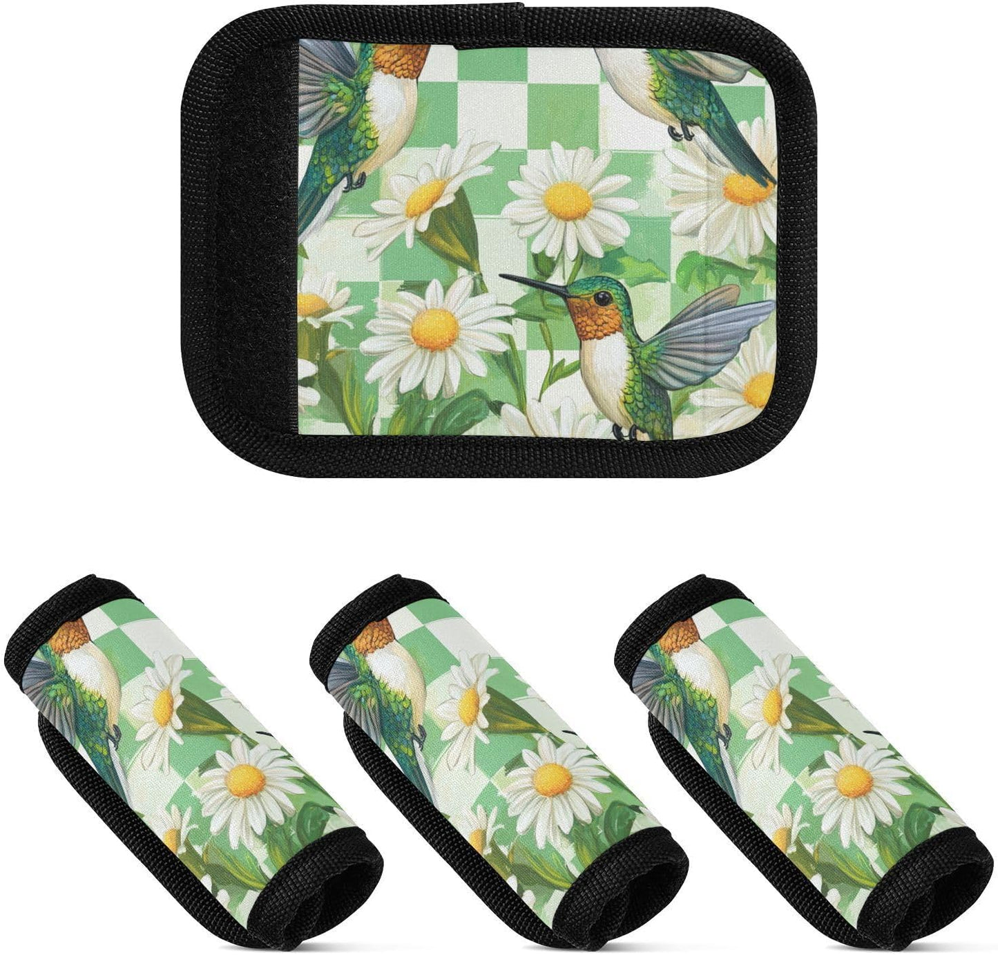 Checkered White and Green Hummingbirds Daisy 2 Pack Luggage Handle Wraps Covers for Suitcase Identifiers Bag Tags Travel Accessories