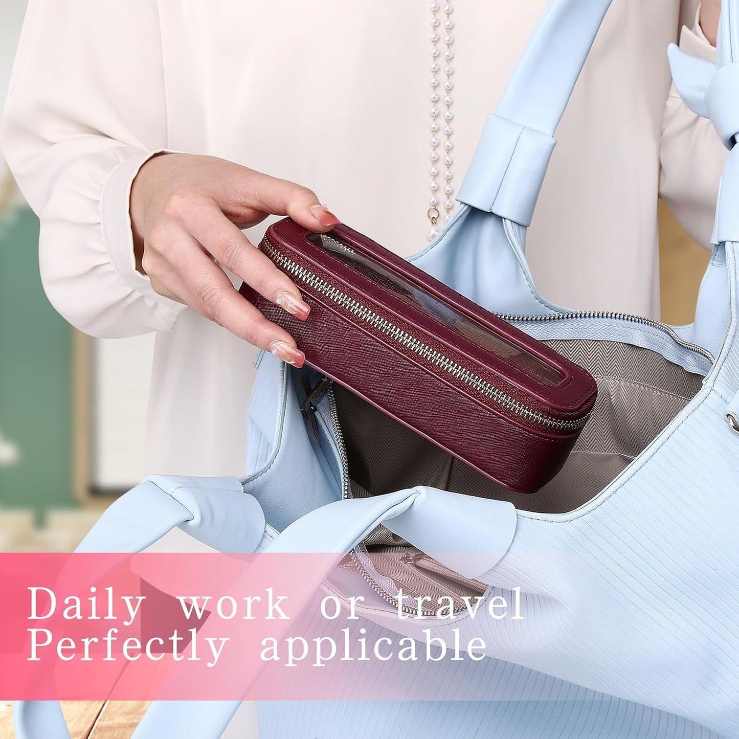 Makeup Brush Bag Slim Clear Makeup Bag Travel Cosmetic Case and Brush Holder Waterproof Toiletry Makeup Bag with Zipper Purse Organizer for Women (Burgundy, Slim)