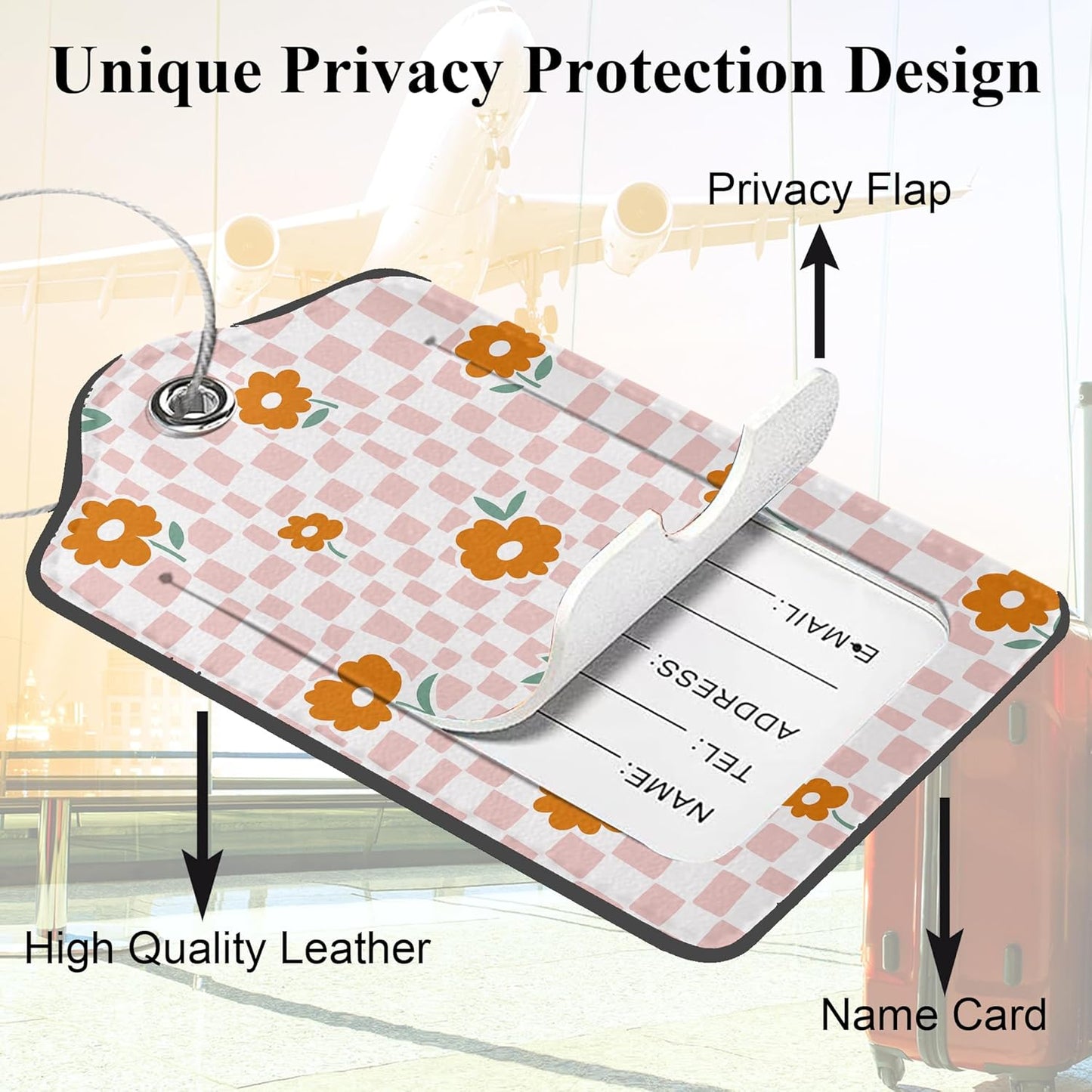 Stylish Floral Checkered Luggage Tags, 2 Pack Travel Cruise Tags for Suitcases, Cute Identifiers with Privacy Flap, Baggage Tag for Women Men Backpack Handbag