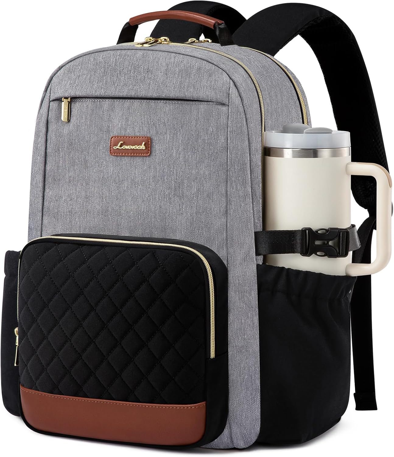 LOVEVOOK Laptop Backpack for Women with Pouch Pocket for Large Capacity Cup,15.6 Inch Teacher Nurse College Work Travel Backpack Purse,Waterproof Laptop Computer Bags,Grey-Black-Brown+Diamond-shaped