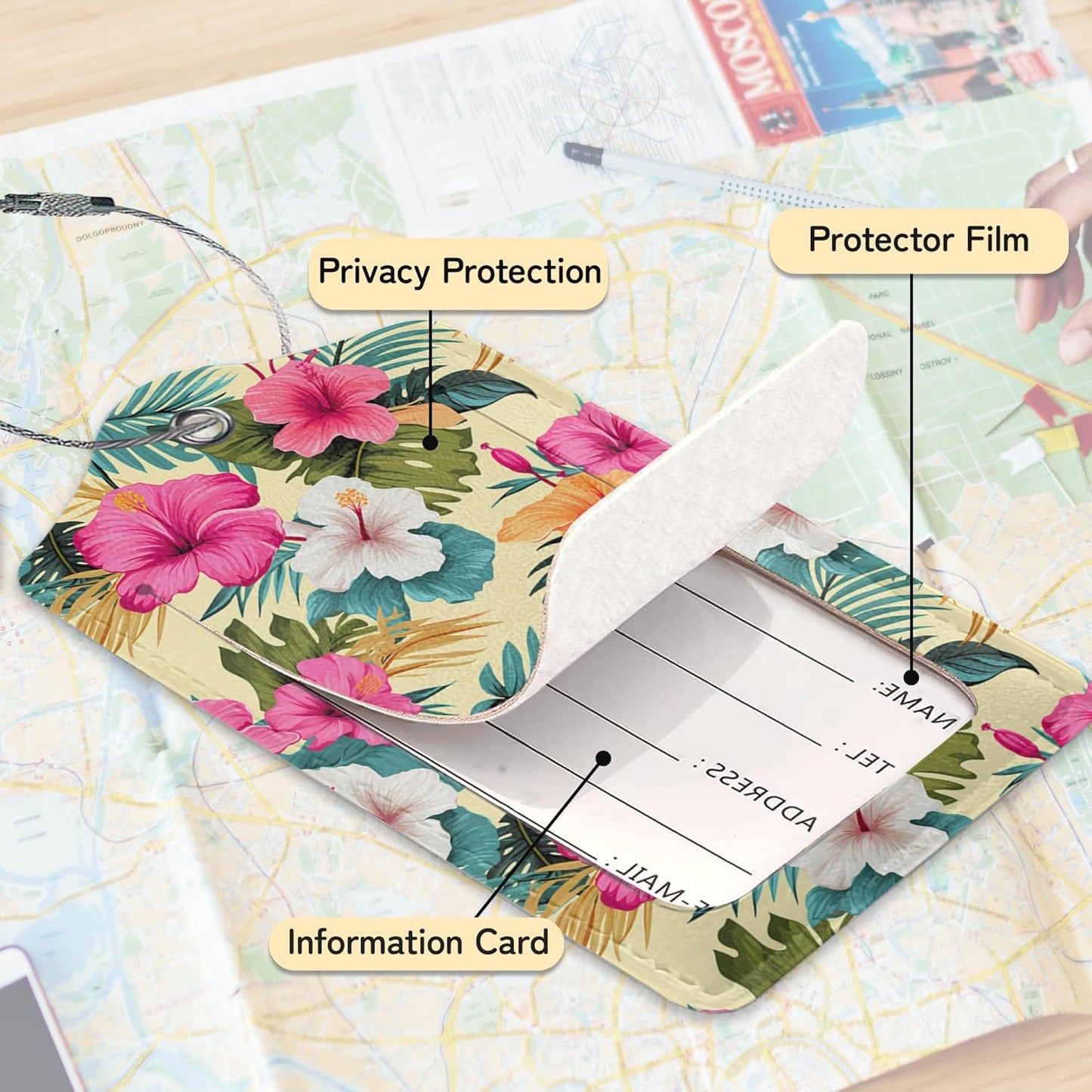 Hawaiian Luggage Tag for Suitcase,Tropical Palm Leaves Design with Privacy Flap Name ID Label Metal Loop, 3 Pack