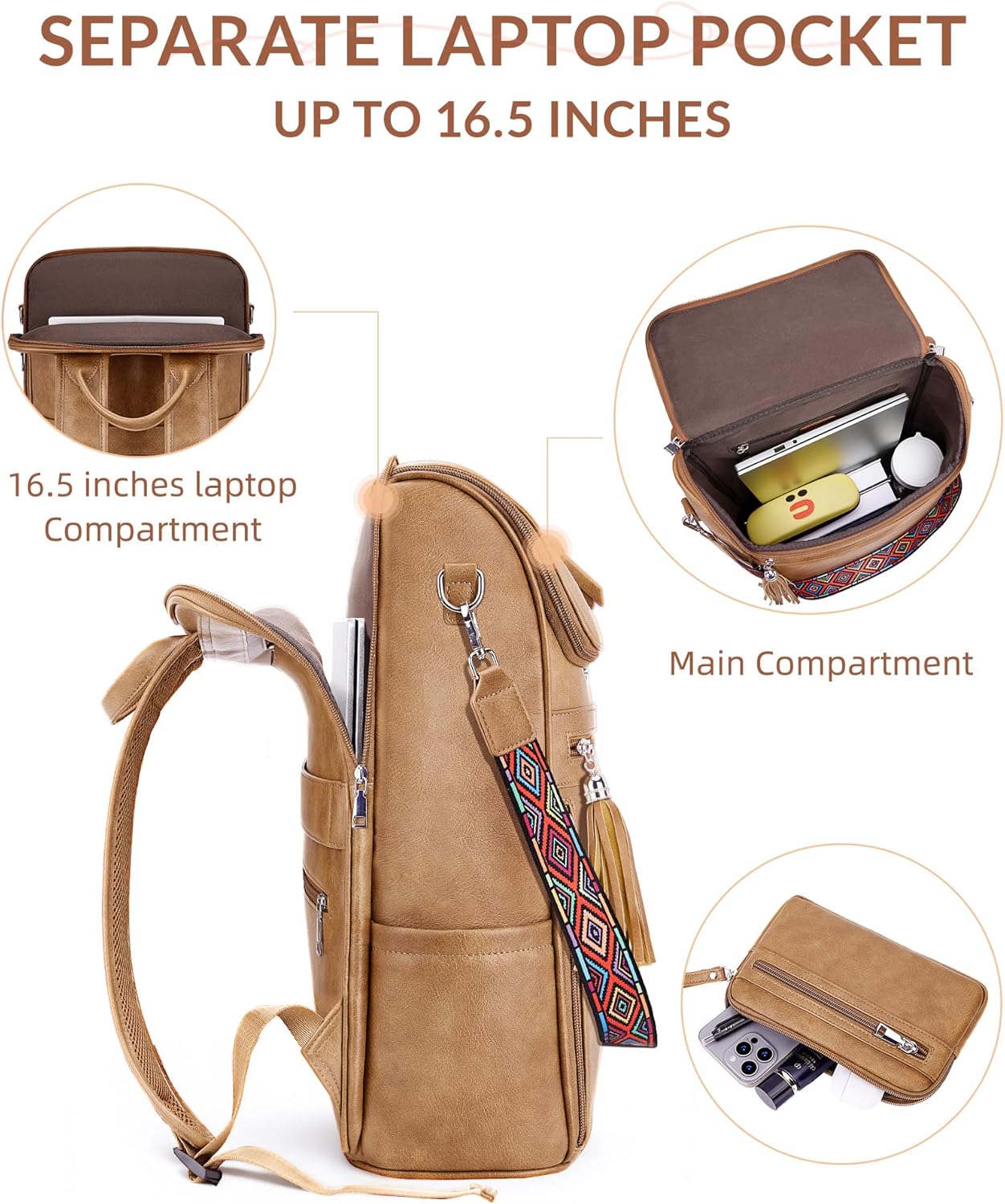 Leather Laptop Backpack for Women Designer Laptop Bag, 16.5 inch Travel Computer Backpacks Purse with Tassel for Work Business with Satchel Purse Camel Brown