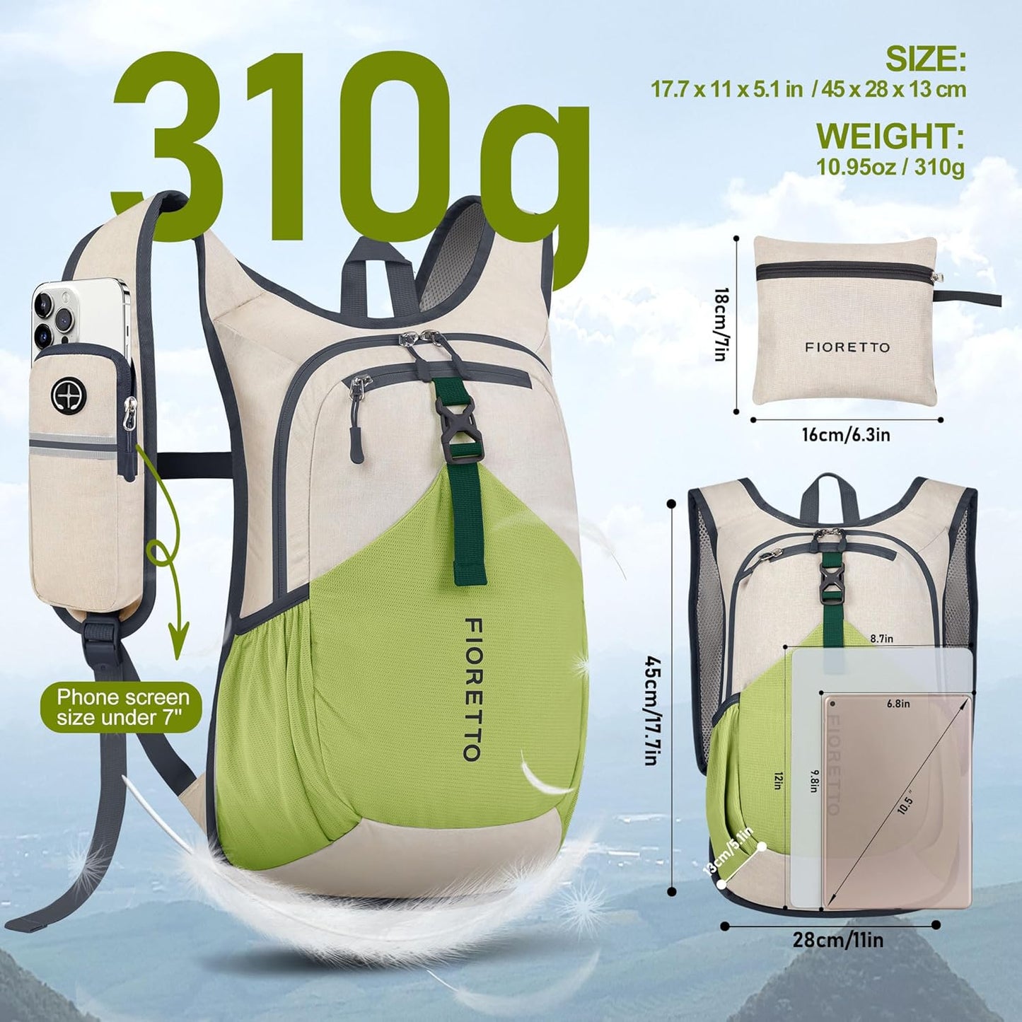 FIORETTO 15L Hiking Backpack for Women Men Mini Packable Backpack Lightweight Small Daypack for Camping Travel Outdoor, Beige and Green