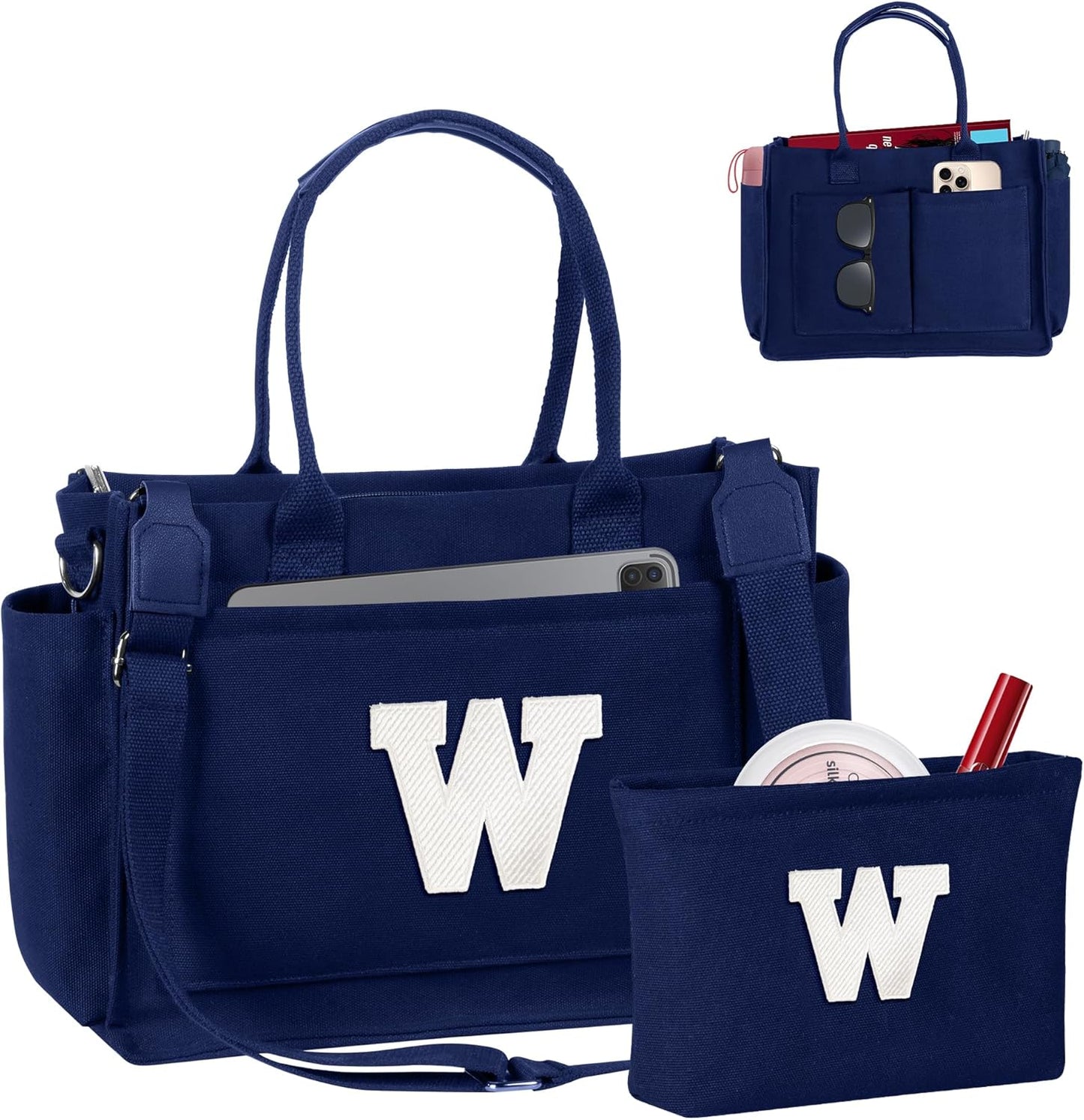 Gifts for Women Teen Girls, Initial Tote Bag with Zipper, Letter Canvas Tote Purse for College Work Laptop Beach