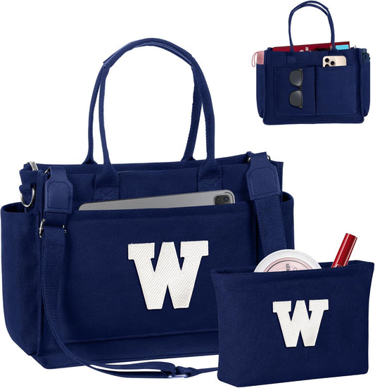 Gifts for Women Teen Girls, Initial Tote Bag with Zipper, Letter Canvas Tote Purse for College Work Laptop Beach