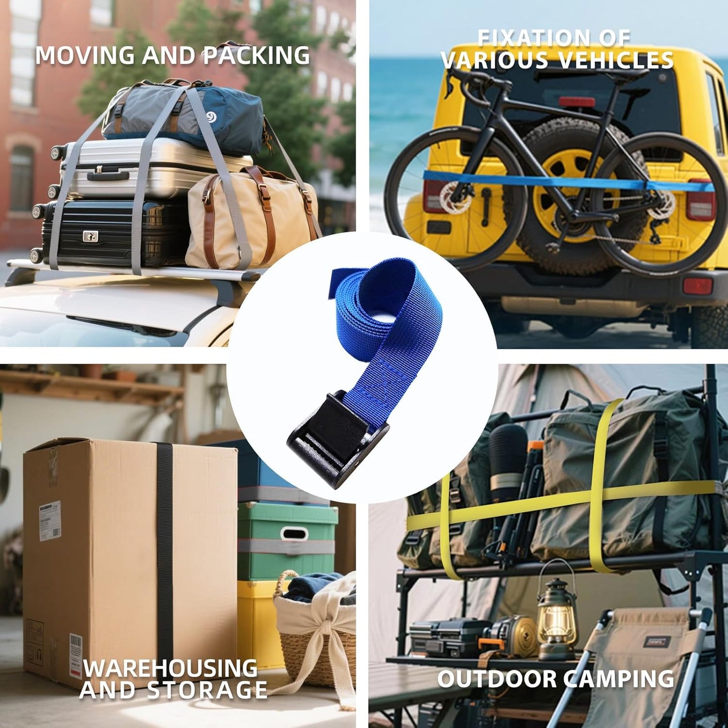 4PCS Tie Down Straps, 1 inch Wide Lashing Straps with Buckles, Adjustable Cam Buckle Cinch Straps Suitable for Motorcycle, Cargo, Trucks,Trailer,Luggage, Car Roof Rack (Blue, 1"*5')