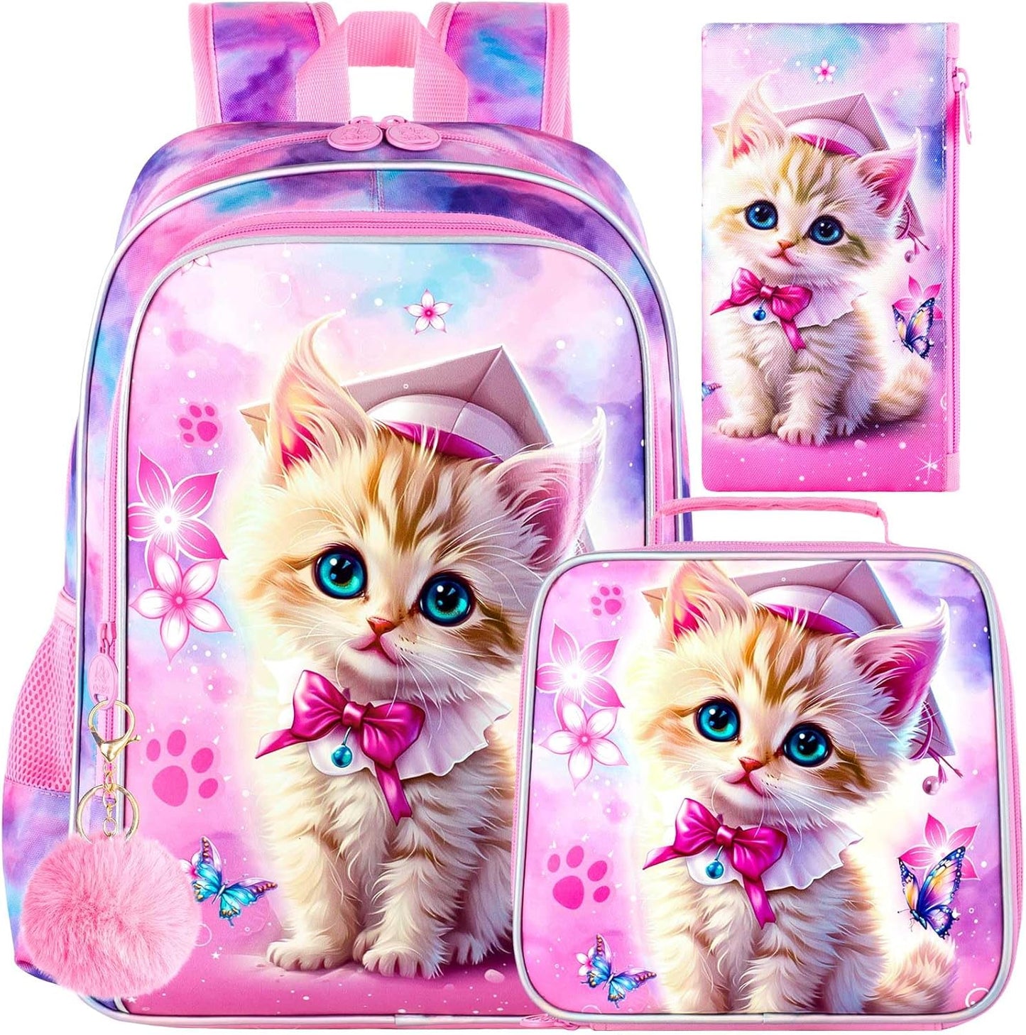3PCS Girls Cat Bookbag, 16" Kids Backpackwith Lunch Box, Water Resistant School Bag for Elementary Preschool Toddler