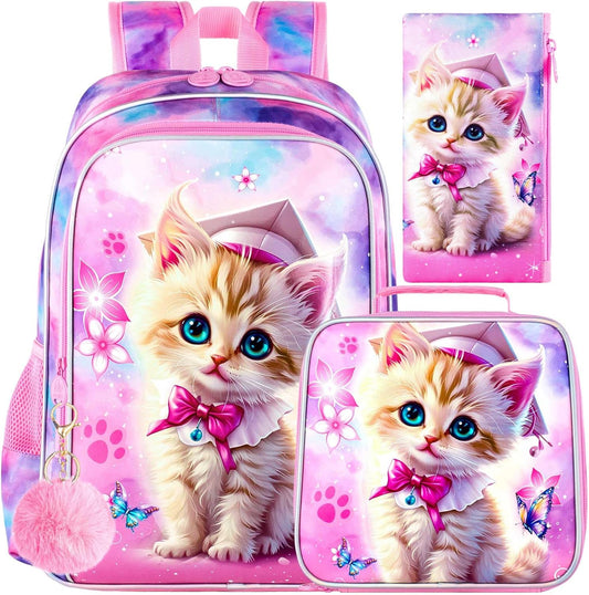 3PCS Girls Cat Bookbag, 16" Kids Backpackwith Lunch Box, Water Resistant School Bag for Elementary Preschool Toddler