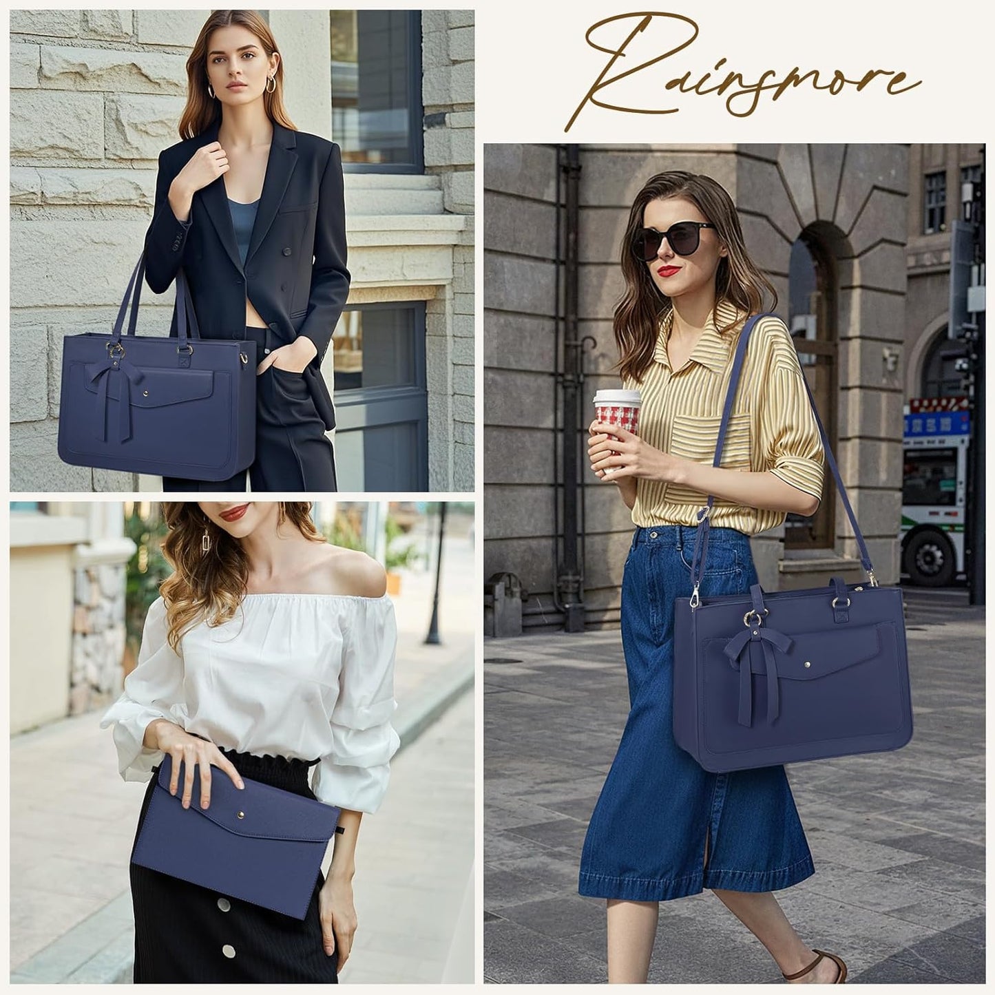 RAINSMORE Laptop Bag for Women 15.6 Inch Work Tote Bags Leather Laptop Tote Waterproof Computer Bag Professional Office Business Briefcase Large Handbag for College Teacher Travel, Blue