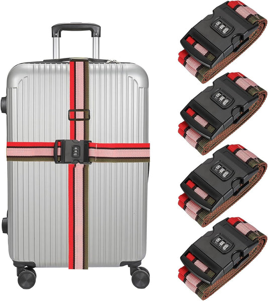 MECCANIXITY Luggage Straps with Combination Lock Adjustable Suitcase Belt Strap for Suitcase Briefcase Backpack Travel, Red-White-Blue, Pack of 4