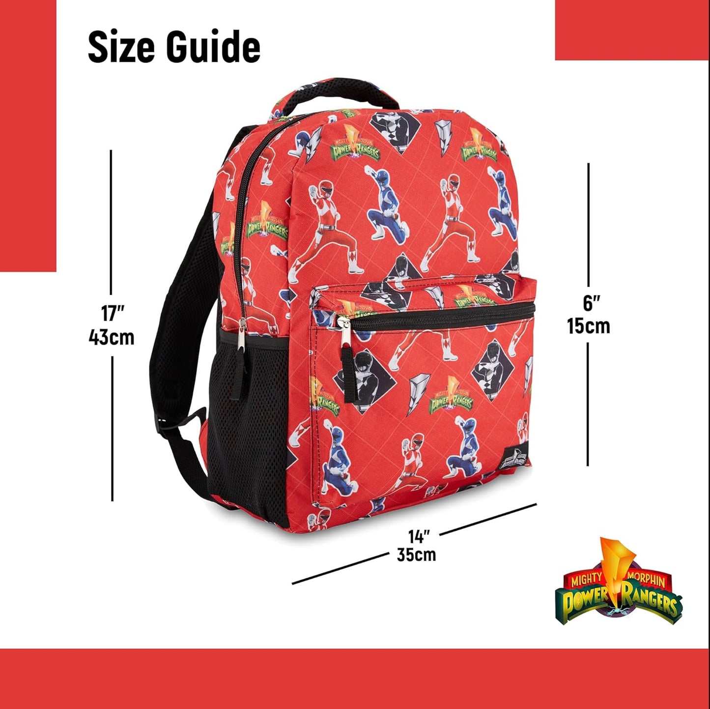 Power Rangers Classic Allover Backpack - Red, Pink, Black, Green Yellow and Green Ranger - Official