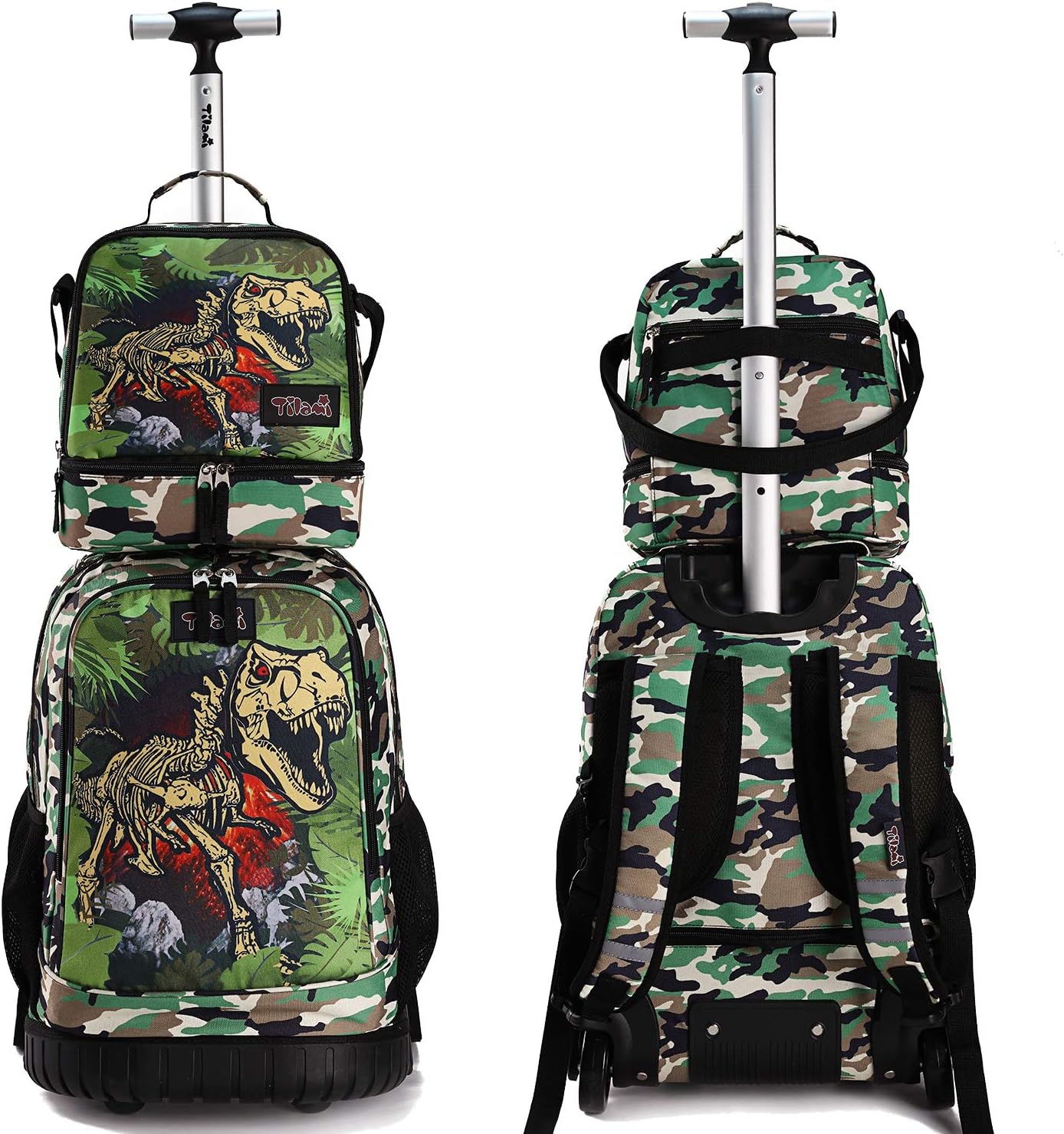 Tilami Rolling Backpack 19 inch with Lunch Bag Wheeled Laptop Backpack, Dinosaur Camouflage