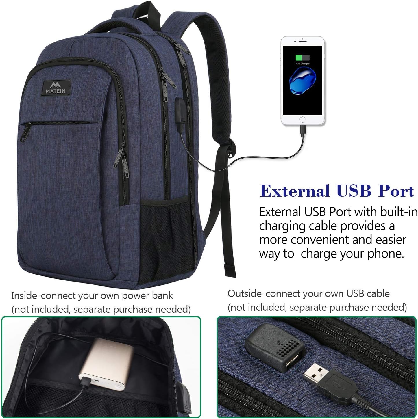 MATEIN Large College Backpack, Sturdy Computer Backpack with USB Charging Port Fits 17 inch