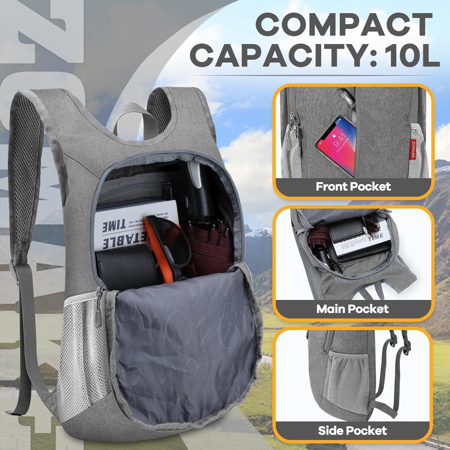 ZOMAKE 10L Ultra Lightweight Packable Backpack, Small Daypack Light Foldable Backpacks Water Resistant Day Bag for Hiking(Grey)