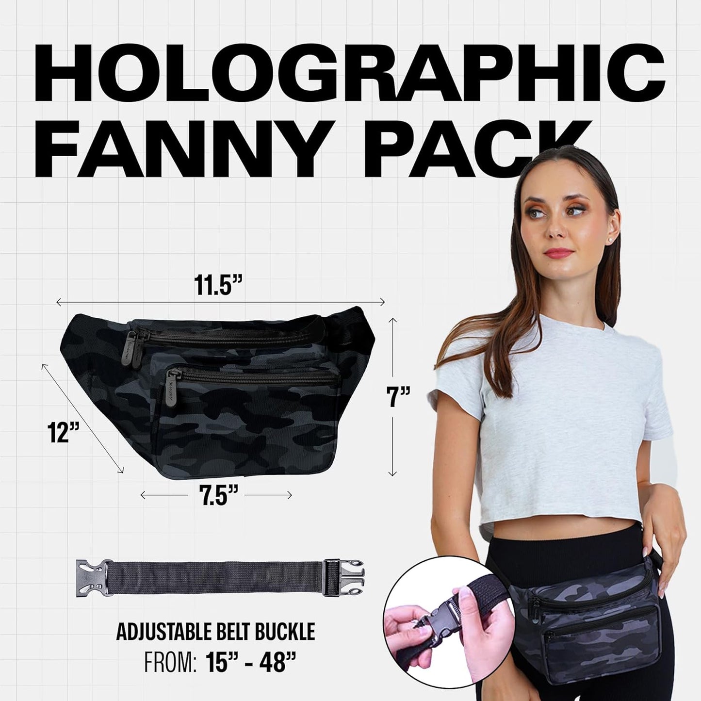 Black Camo Fanny Pack Belt bag - Crossbody Waist Bag for Men or Women - Hands-Free, Waterproof Large Bumbag for Hiking, Running, and Travel