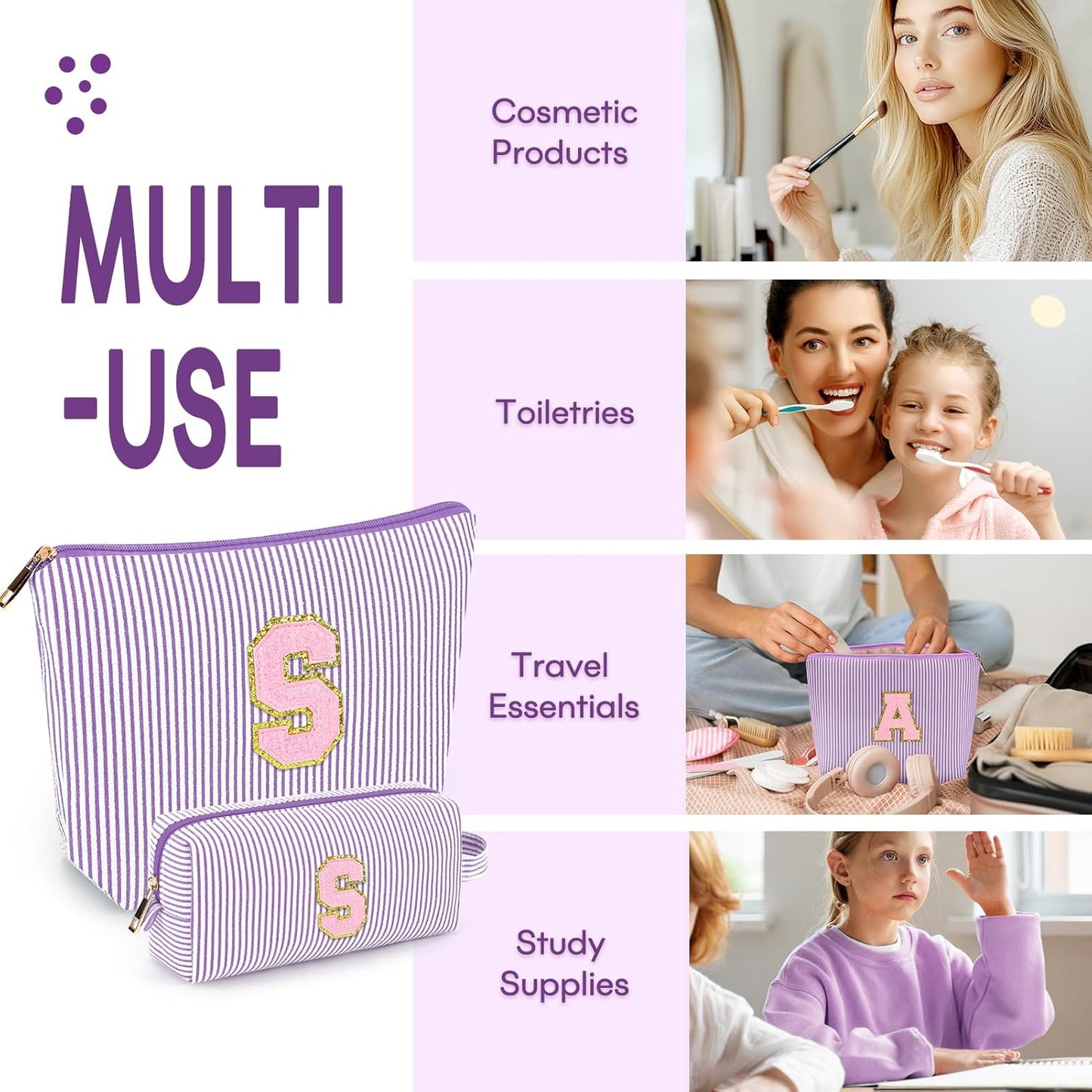 mibasies 2 PCS Initial Makeup Bags for Women: - Birthday Gifts for Teen Girls 11 12 13 14 15 16 Years Old - Preppy Trendy Stuff - Cosmetic Bag for Travel Toiletry - Purple S