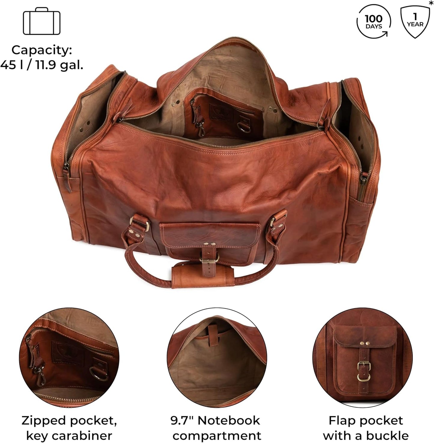 Berliner Bags Vintage Genuine Leather Duffle Bag New York XL for Travel or the Gym, Weekender, Travel Bag, Overnight Bag for Men and Women - Brown