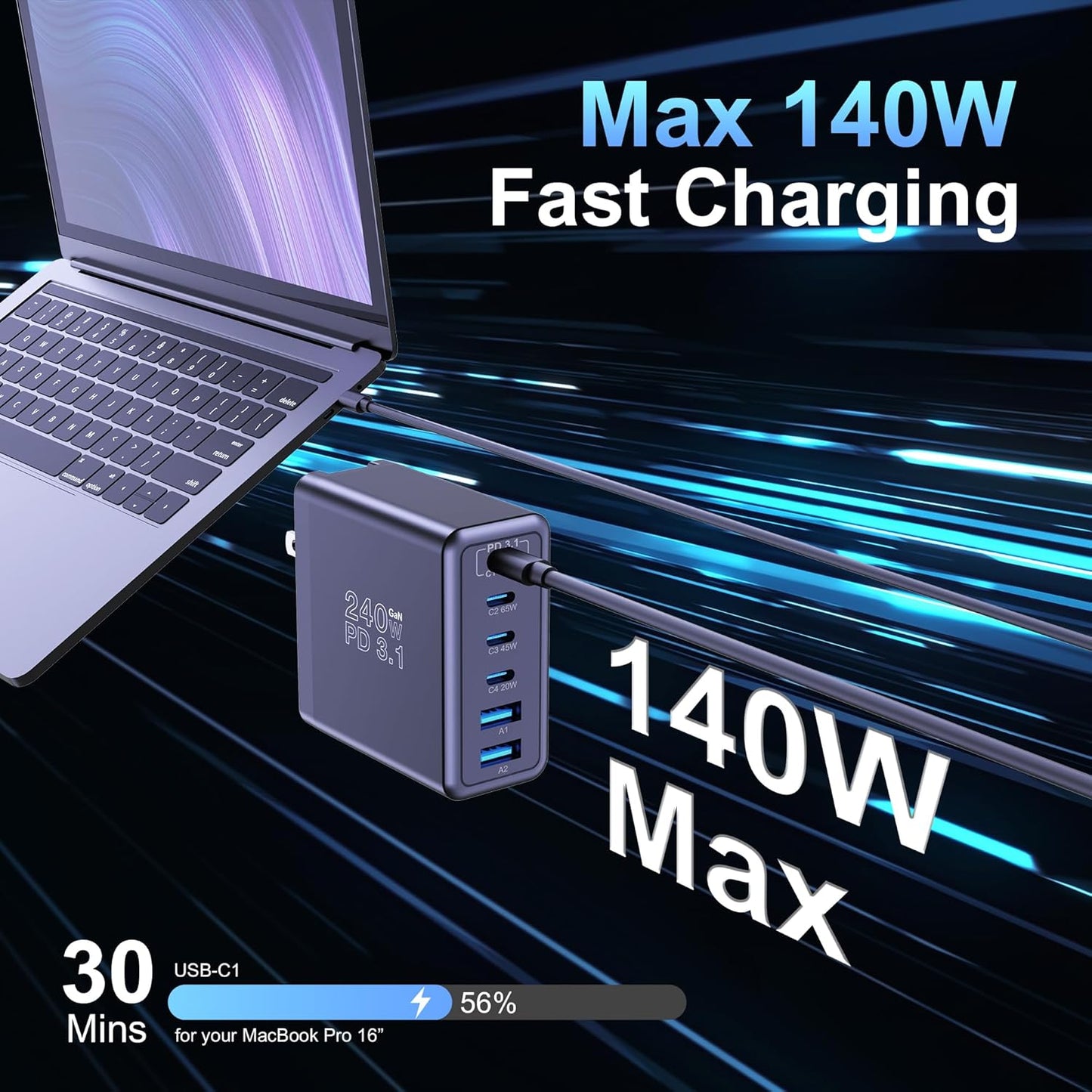 240W USB C Charger, 140W Laptop Fast Charger, PD3.1 PPS 6-Port USB Type C Wall Charger, Advanced GaN Power Adapter, for MacBook Pro 16'', iPhone 16 Series, iPad Pro, Galaxy, Pixel, and More