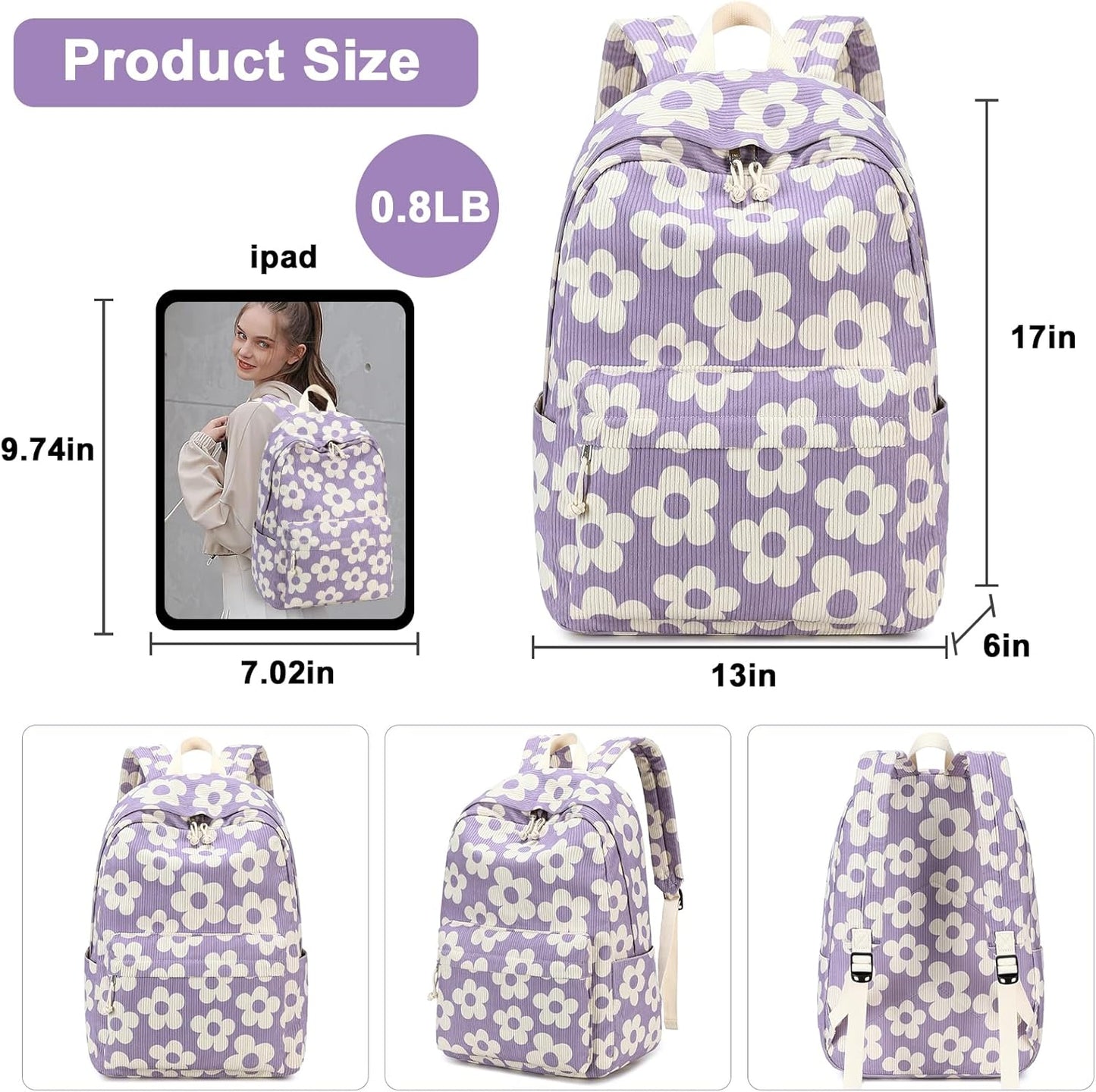 School Backpack for Teen Girls Bookbags Elementary High School Corduroy Laptop Bags Women Travel Daypacks