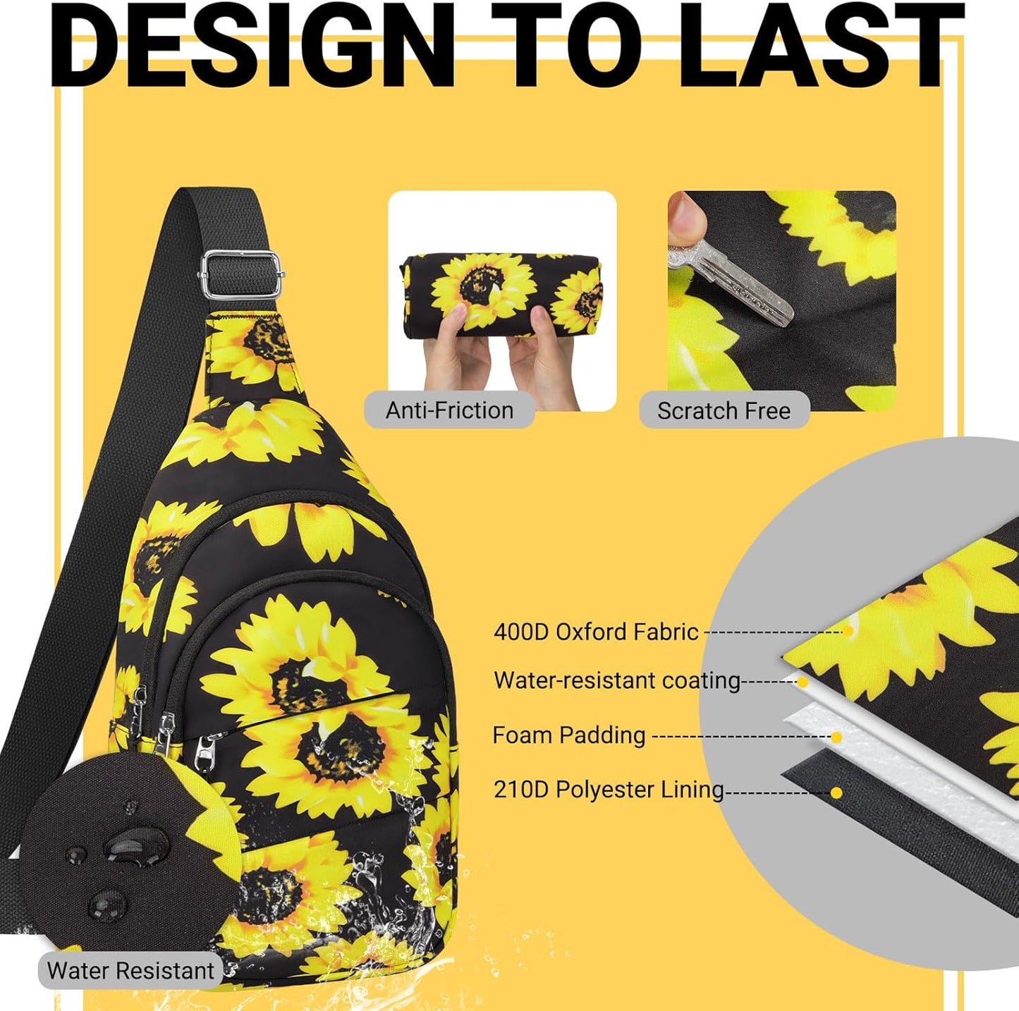 Crossbody Bags for Women, Sling Bag for Men, Small Hiking Backpack Anti Theft Lightweight for Outdoors Travel （M, Sun Flower）