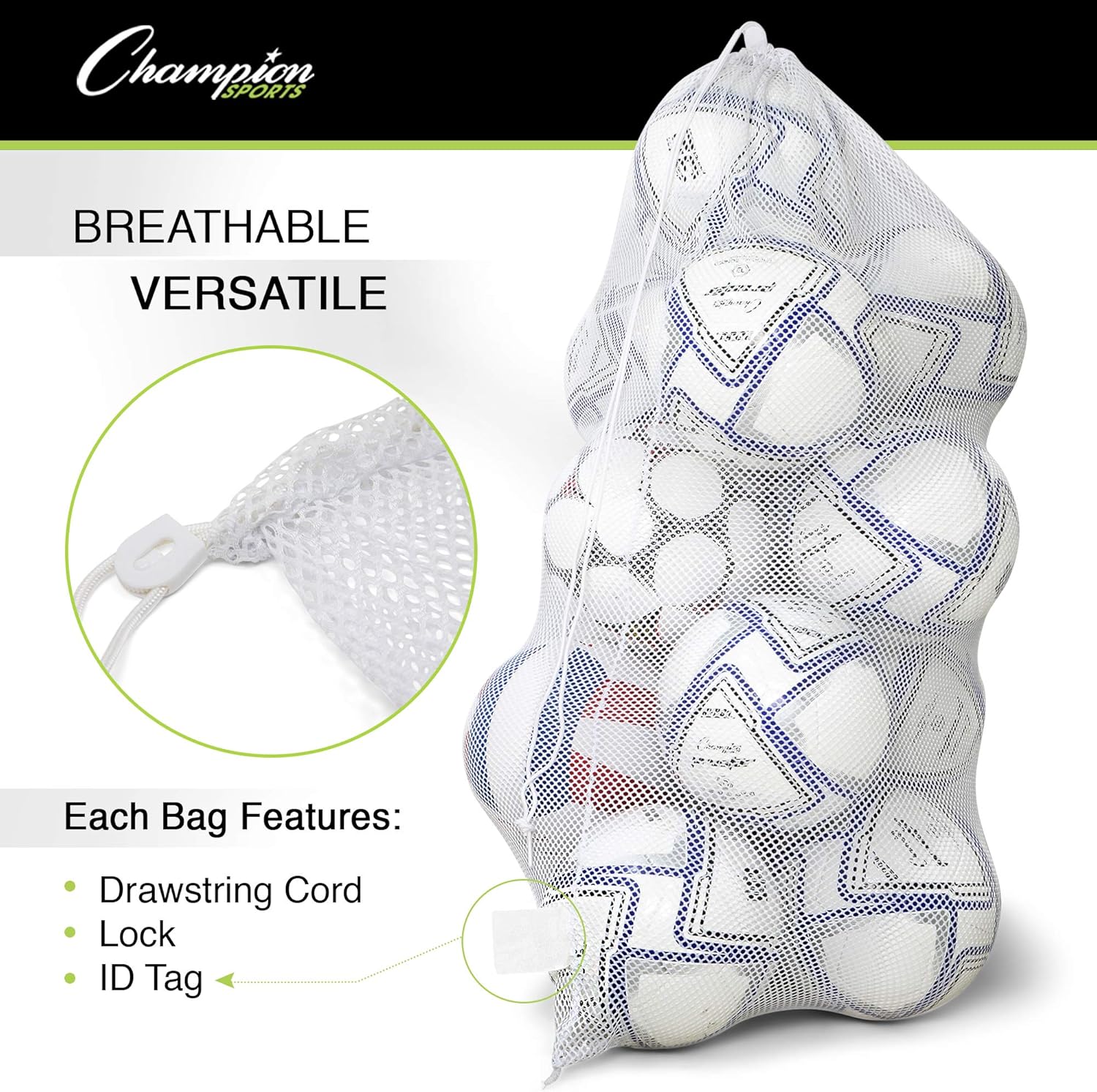 Champion Sports Mesh Equipment Bag – Heavy-Duty Nylon Drawstring Bag with Lock & ID Tag, Breathable