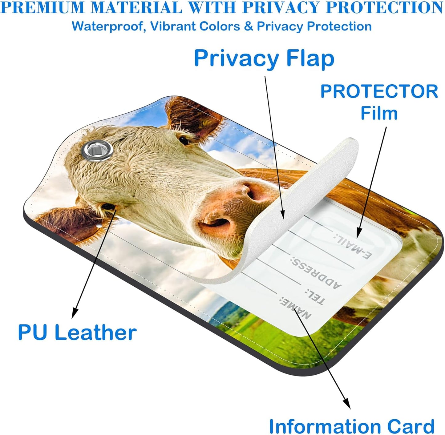 2 Pack Funny Cow Luggage Tags PU Leather Suitcase Tags with Stainless Steel Loop Privacy Cover ID Label for Women Men Travel Bag Accessories