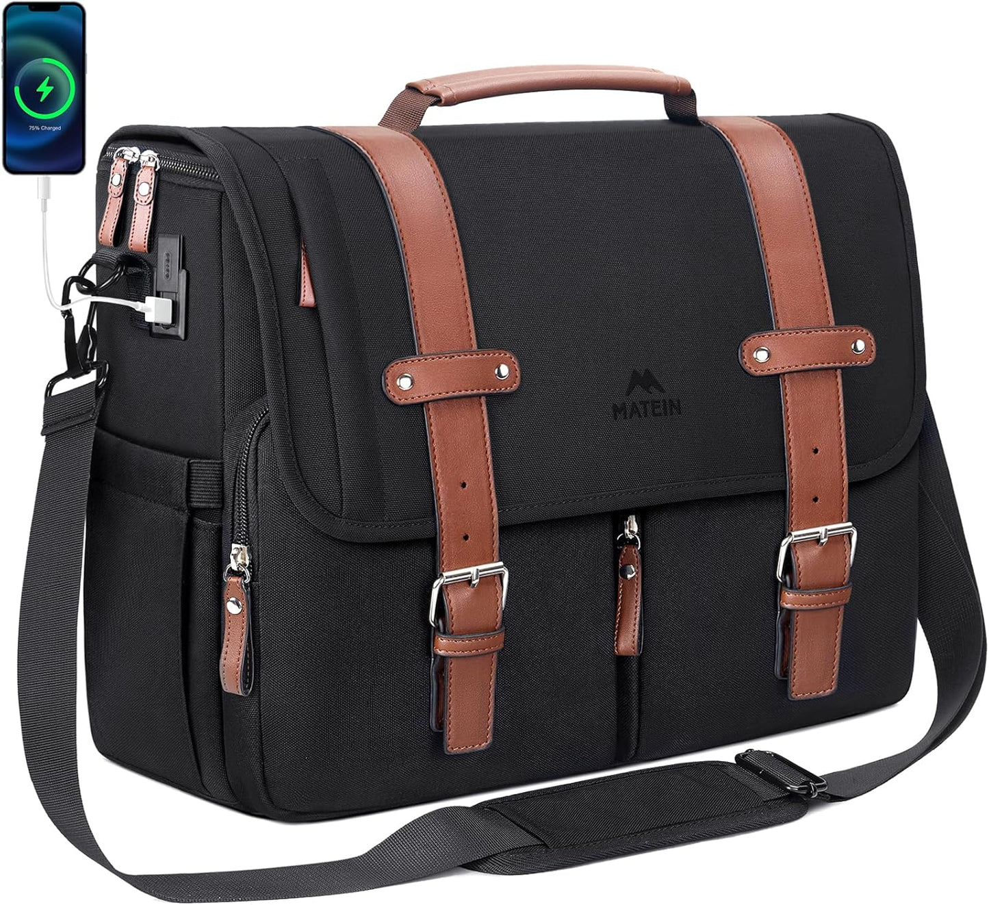 MATEIN Messenger Bag with USB Charging Port, 15.6 inch Laptop Bags Large Mens Briefcase with Shoulder Strap, Water Resistant Crossbody Satchel Work Computer Case for College Office Commuting, Black