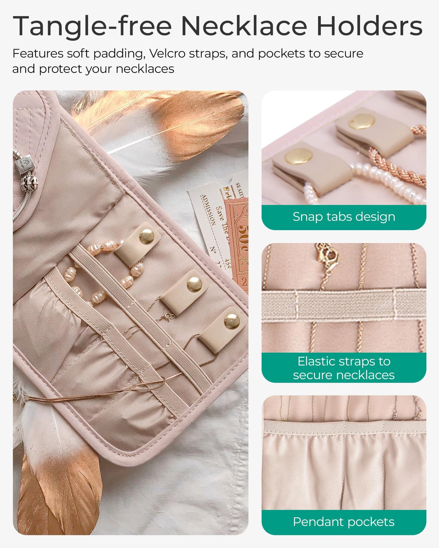 BAGSMART Travel Jewelry Organizer Case Foldable Jewelry Roll,Soft Pink
