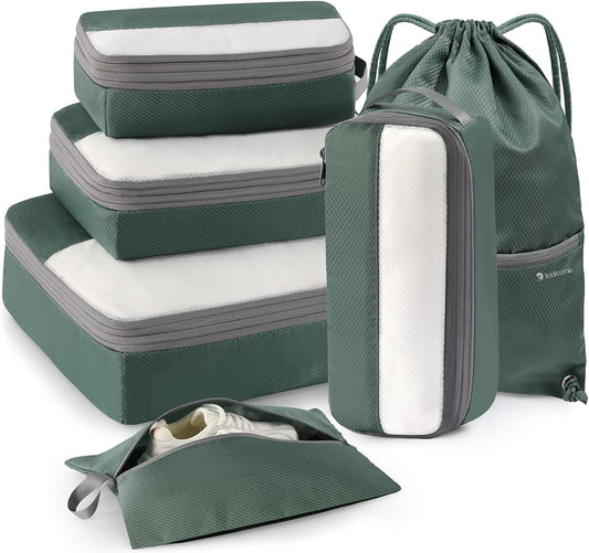 6 Set Compression Packing Cubes for Travel, Bonus Versatile Drawstring Backpack, Lightweight Luggage Organizer Bags, Sturdy Travel Accessories for Suitcase, Dark Green