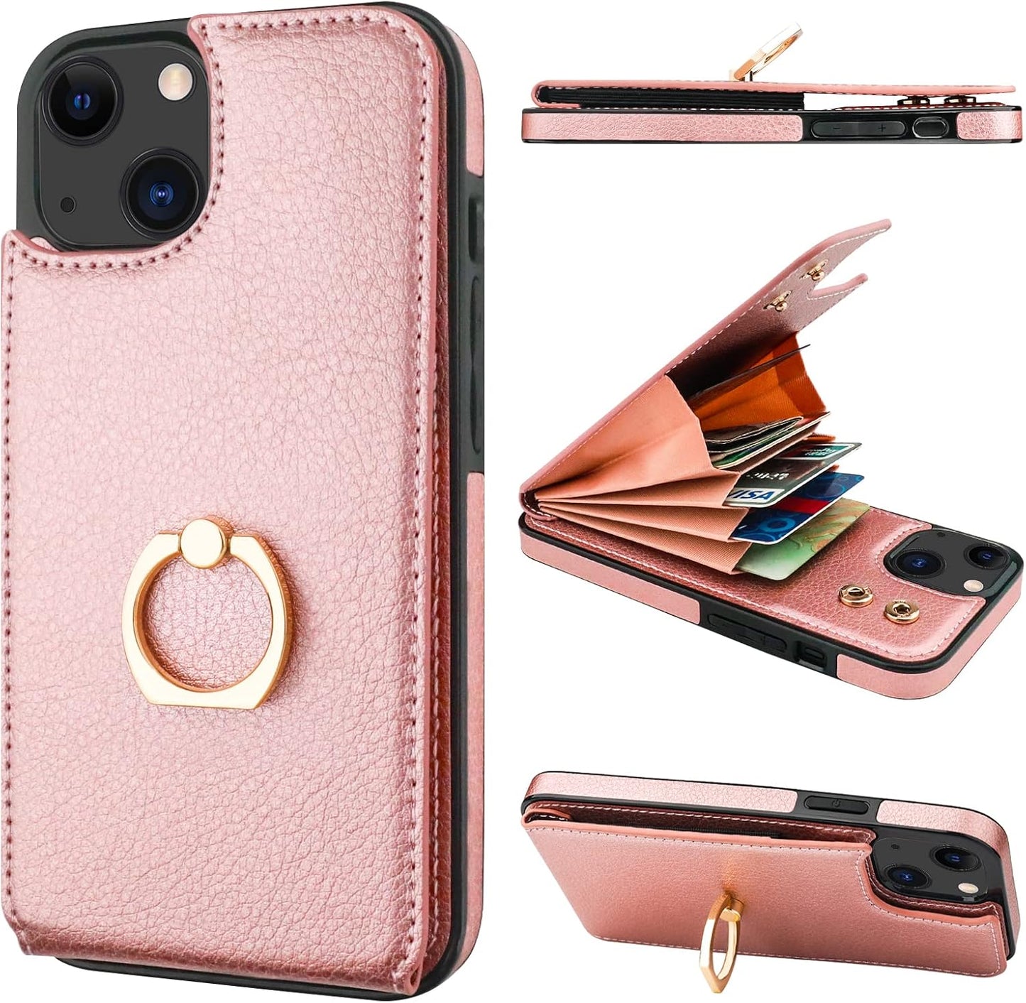 Folosu Compatible with iPhone 14 Case Wallet with Card Holder, 360°Rotation Finger Ring Holder Kickstand, RFID Blocking Leather Protective Double Buttons Shockproof Cover 6.1 Inch Rose Gold