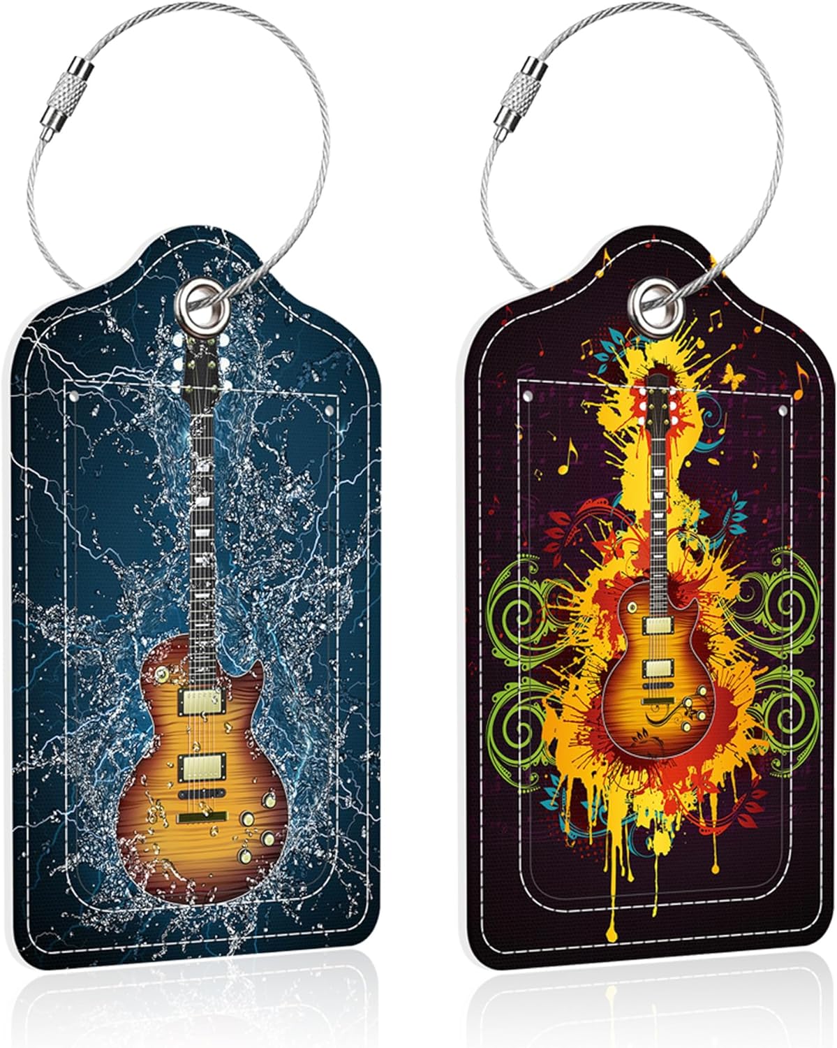 2 Pack Electric Guitar Luggage Tag for Suitcase,Guitar in Water PU Leather Suitcase Tags Identifiers with Privacy Name Address Labels and Steel Loop for Women Men Travel