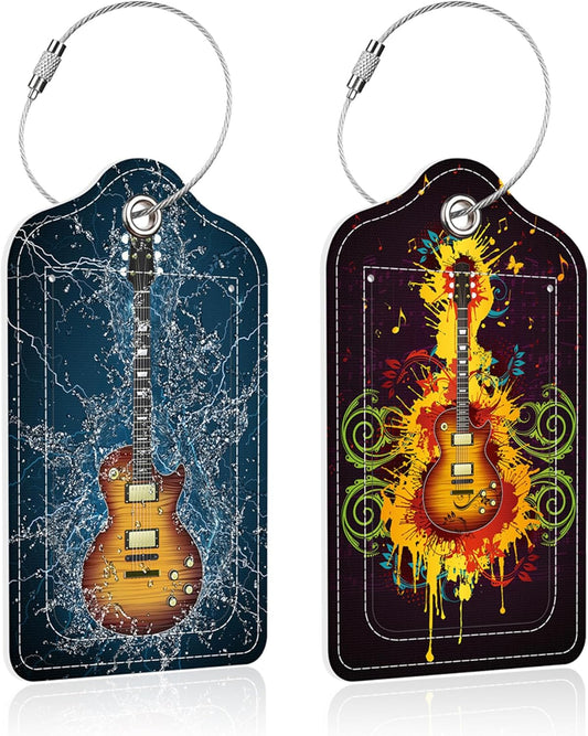 2 Pack Electric Guitar Luggage Tag for Suitcase,Guitar in Water PU Leather Suitcase Tags Identifiers with Privacy Name Address Labels and Steel Loop for Women Men Travel