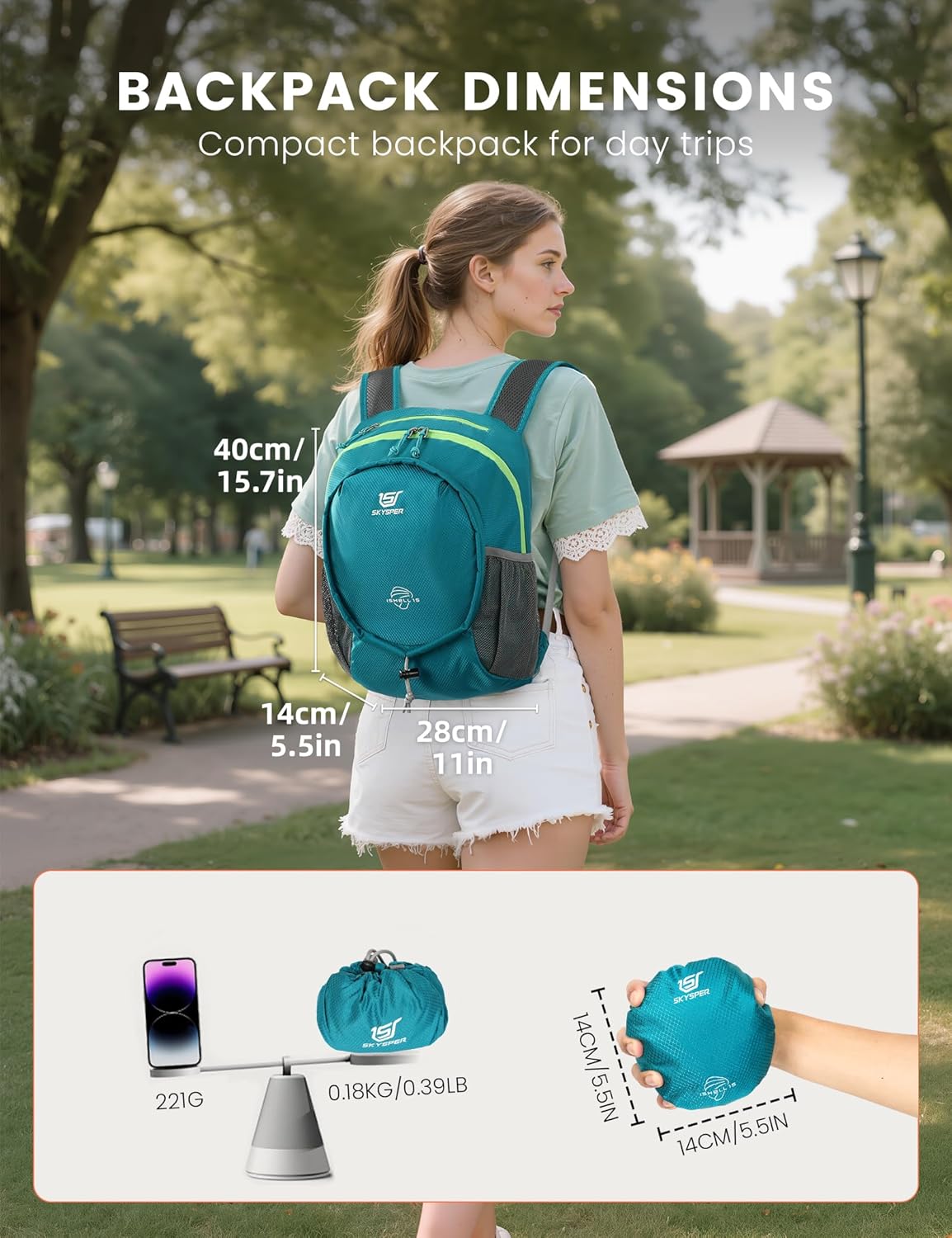 SKYSPER 15L Lightweight Small Hiking Backpack for Women Men, Foldable Travel Daypack, Packable Camping Backpack, Mini Outdoor Hiking Bag (Cyan)
