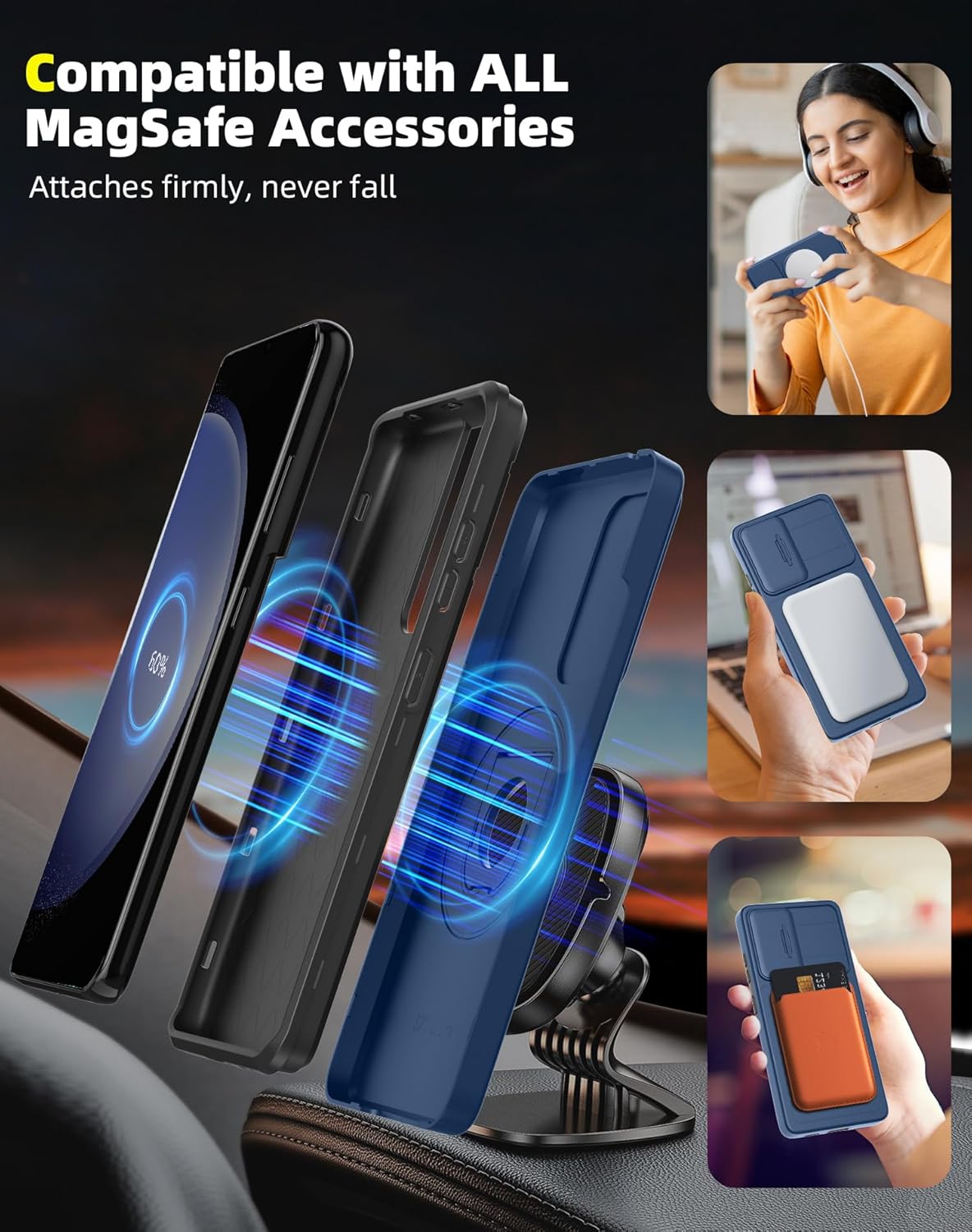 for Samsung Galaxy S23 FE Case Magnetic Compatible with MagSafe Wireless Charging,with 2 Screen Protectors,Built-in Stand Ring+Camera Cover Anti-Scratch Shockproof Heavy Duty Protection Blue