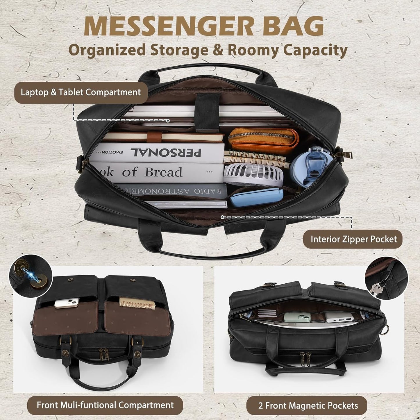RAINSMORE Messenger Bag for Men 16 Inch Leather Laptop Bags Work Computer Briefcase Vintage Mens Satchel Shoulder Bag for Work, Office, Business, Travel, Black