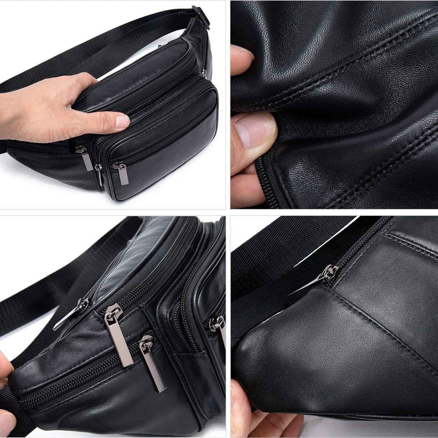 Genuine Leather Fanny Pack Men Women Multi-Pockets sling Waist Bag For Travel Sports Hiking Cycling Fishing Running Black Small