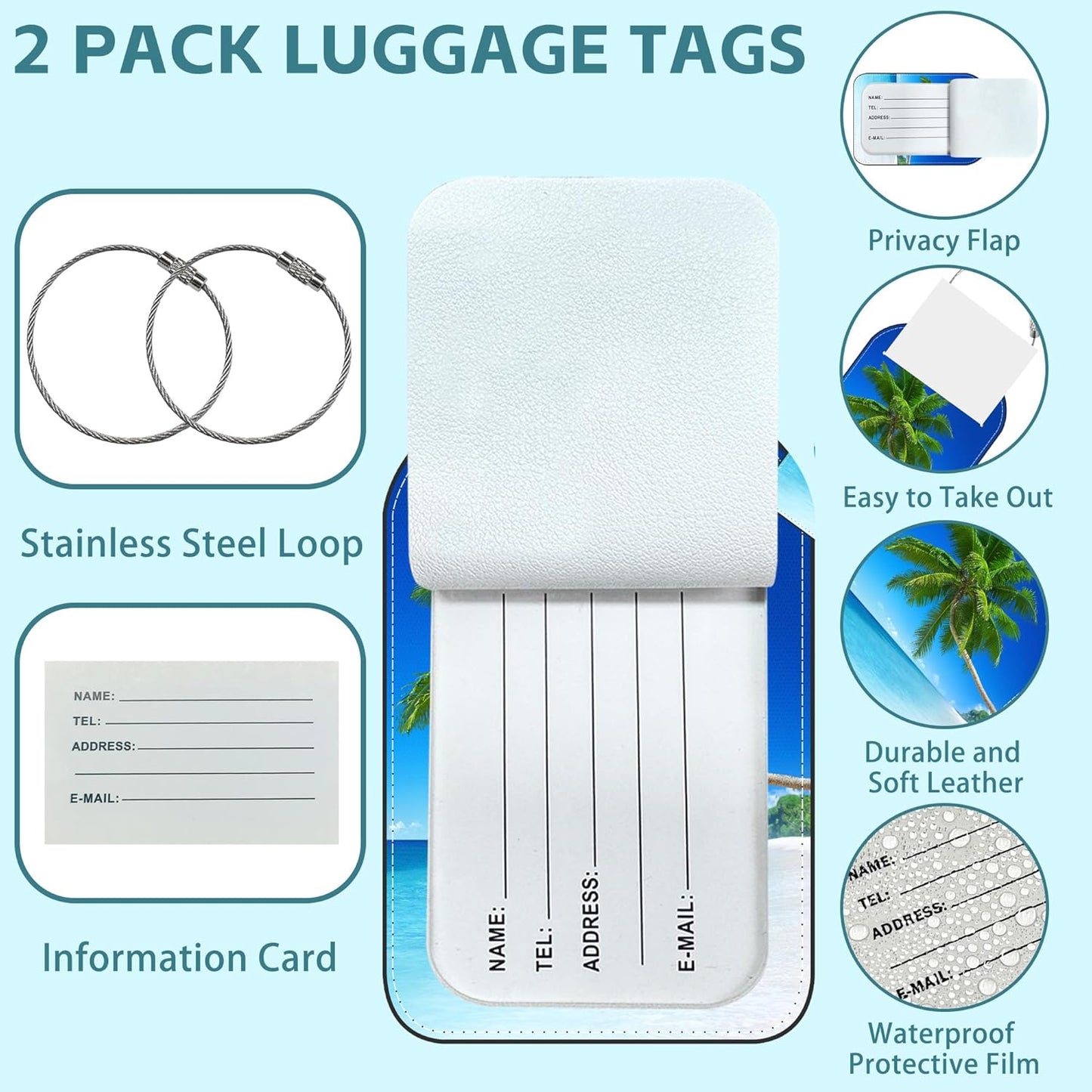 2 Pack Cute Luggage Tag for Suitcases Tropical Beach Leather Luggage Tags with Stainless Steel Loop Privacy Flap Name Tags,Men and Women Travel Bag Suitcase Tags