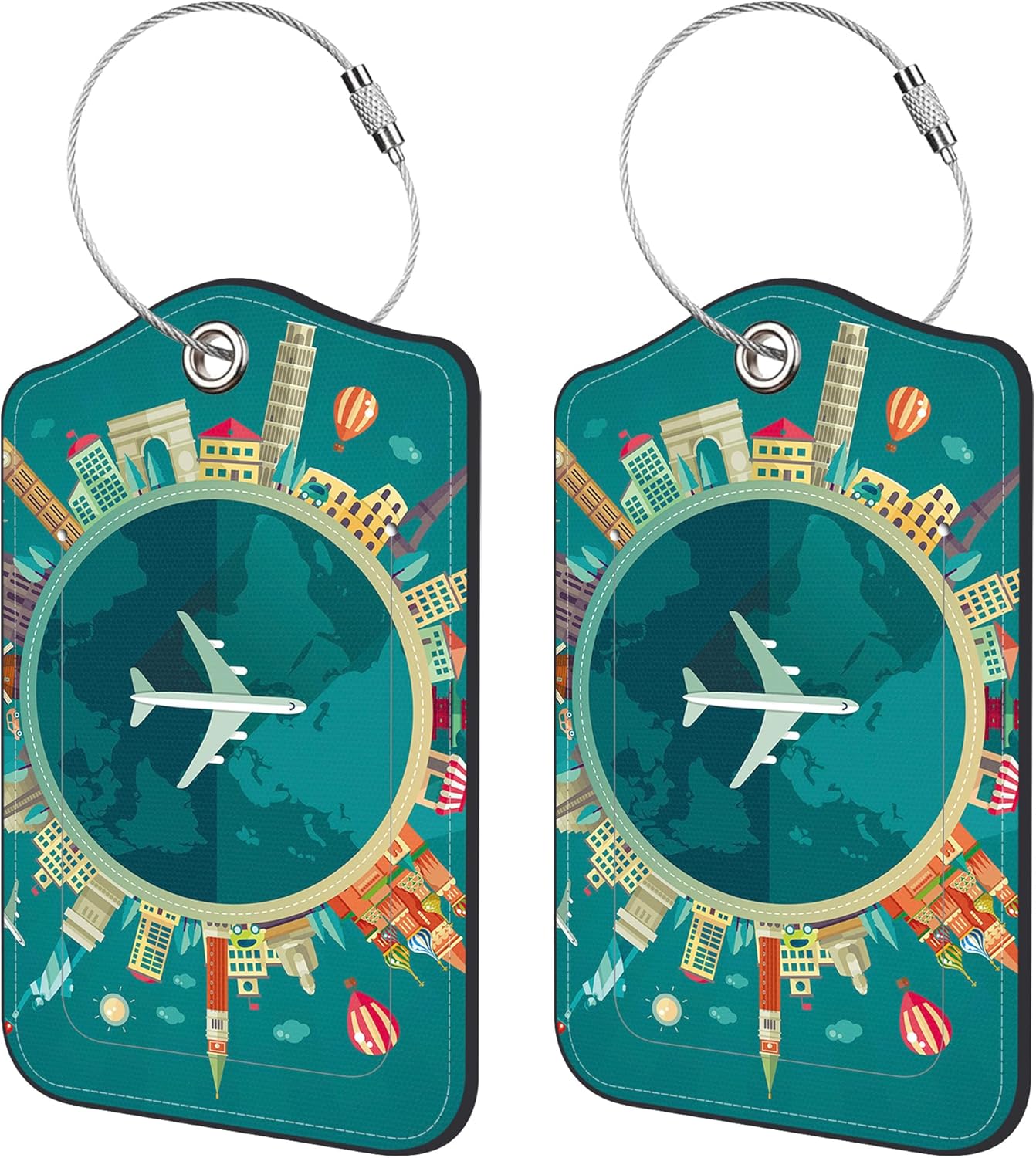 2 Pack Luggage Tags for Suitcase,Travel Around The World PU Leather Idea Baggage Tag with Name Labels Privacy Cover Metal Ring Men and Women Travel Cruise Labels
