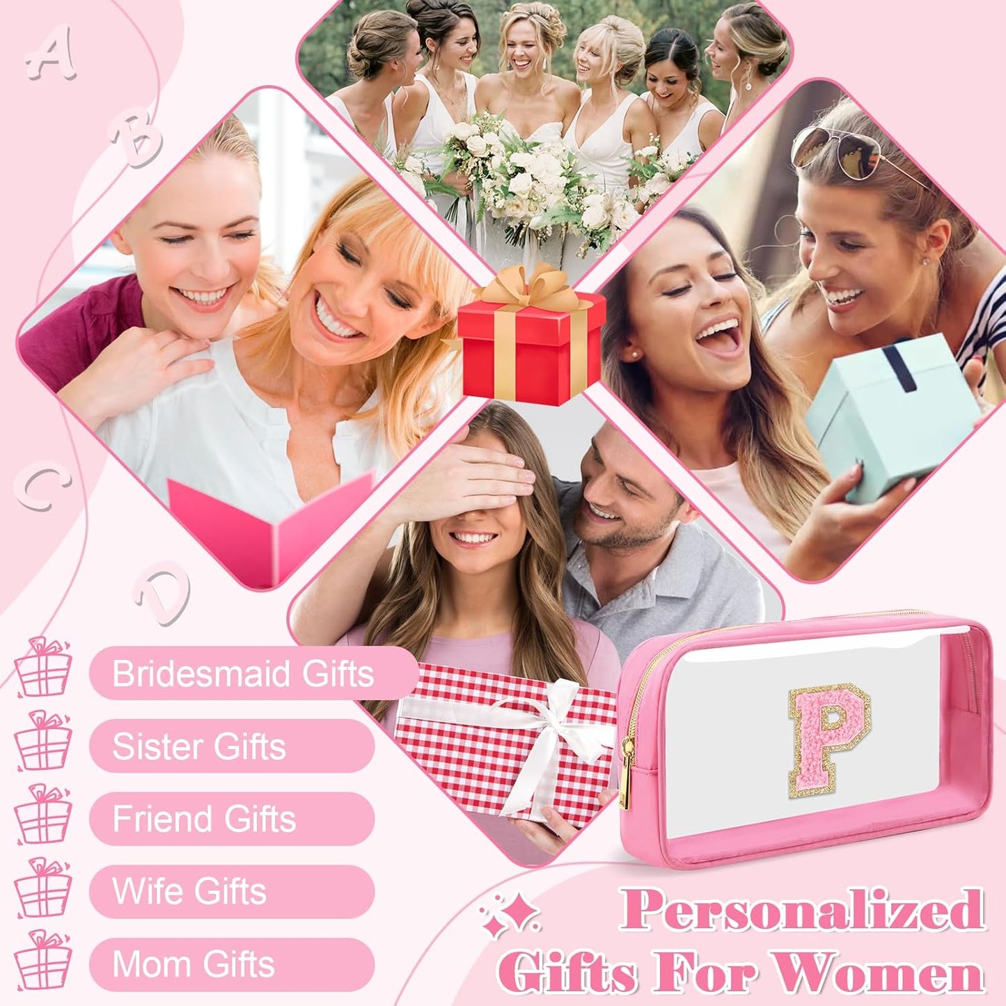 Personalized Initial Letter Clear Makeup Bag,Preppy Small Nylon&PVC Cosmetic Zipper Bag with Chenille Letter,Portable Beach Travel Skincare Toiletry Bag,Trendy Monogram Gift for Teen Girls Women,P