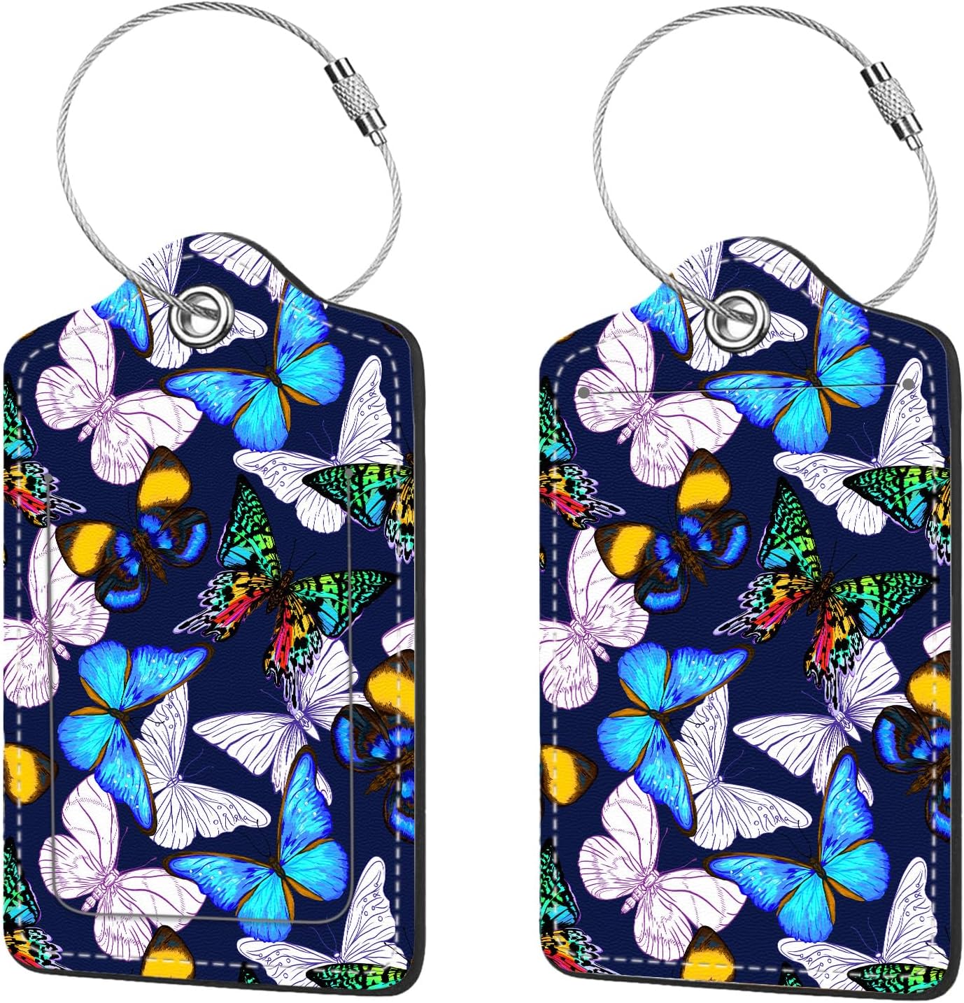 2 Pcs Luggage Tags for Suitcase, Cute Unique PU Leather Travel Bag Tag with Privacy Cover ID Label Address Card and Durable Metal Ring Suitable for Men Women Children Backpack,Colorful Butterflies