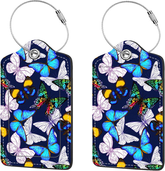 2 Pcs Luggage Tags for Suitcase, Cute Unique PU Leather Travel Bag Tag with Privacy Cover ID Label Address Card and Durable Metal Ring Suitable for Men Women Children Backpack,Colorful Butterflies