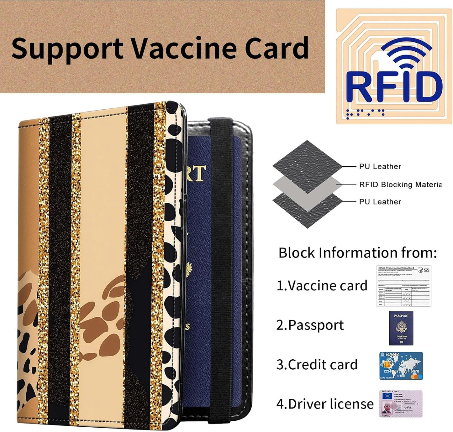 Passport and Vaccine Card Holder Cover Combo,Travel Passport Holder Wallet with RFID Blocking, Leather Vaccine Card Slot Passport Cover Case for Women & Men,Cow Pattern with Gold Foil