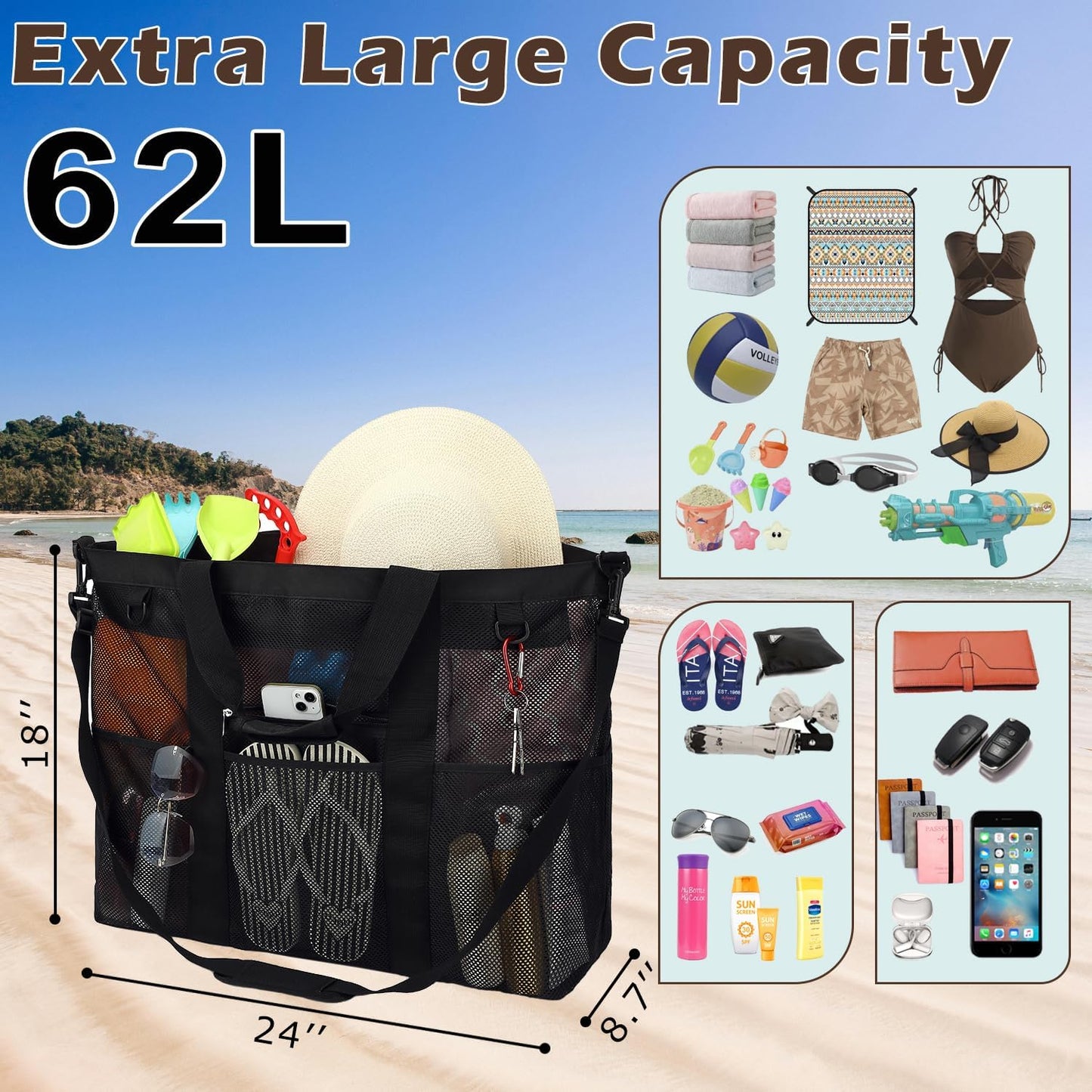 Mesh Beach Bag, Large Beach Tote with Zipper Pocket for Family Pool Bag for Toys & Vacation Essentials