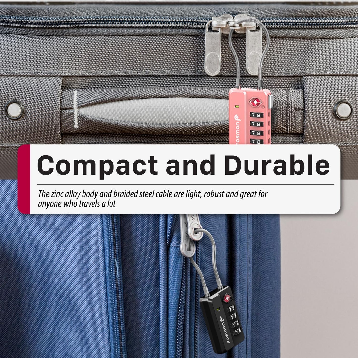 Fosmon Luggage Locks TSA Approved for Luggage & Suitcase, Mini Cable Locks Long Wire Padlock with 4 Combinations and Easy Reset Switch for Travel, Gym Locker, Gun Case, Backpack Zipper - 4 Pack