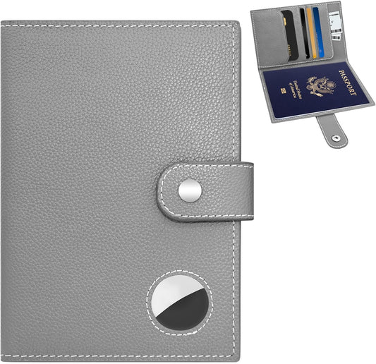 Genuine Leather Passport Holder, RFID Blocking Travel Wallet for Men/Women, Stylish Passport Cover with Airtag Slot, Durable Passport Wallet case travel essentials (Gray)