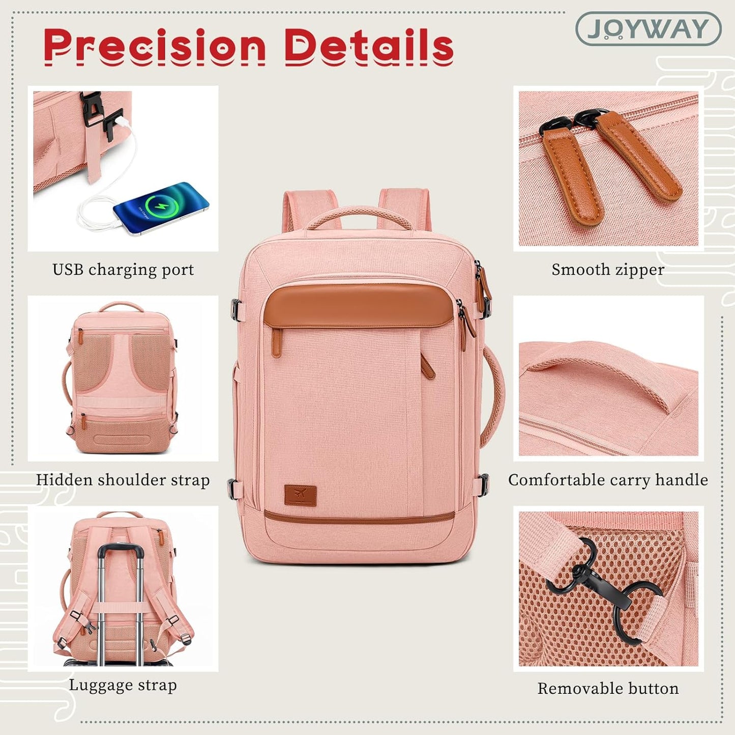 Joyway Expandable Carry on Luggage Sets Airline Approved, Lightweight Hard Shell 20 Inch Carry-on Suitcase with Spinner Wheels, Pink Brown
