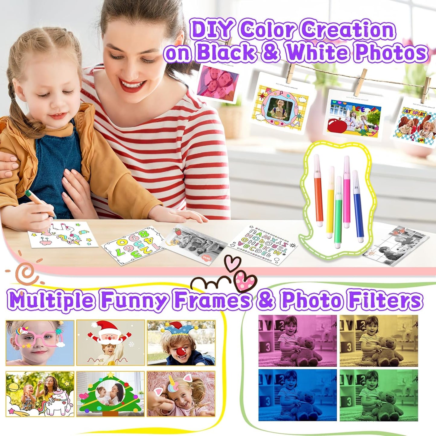 Kids Instant Print Camera, Christmas & Birthday Gift for Girls & Boys, Digital Camera with 32GB Card, 1080P Video, Portable Purple Toy for Ages 3-10