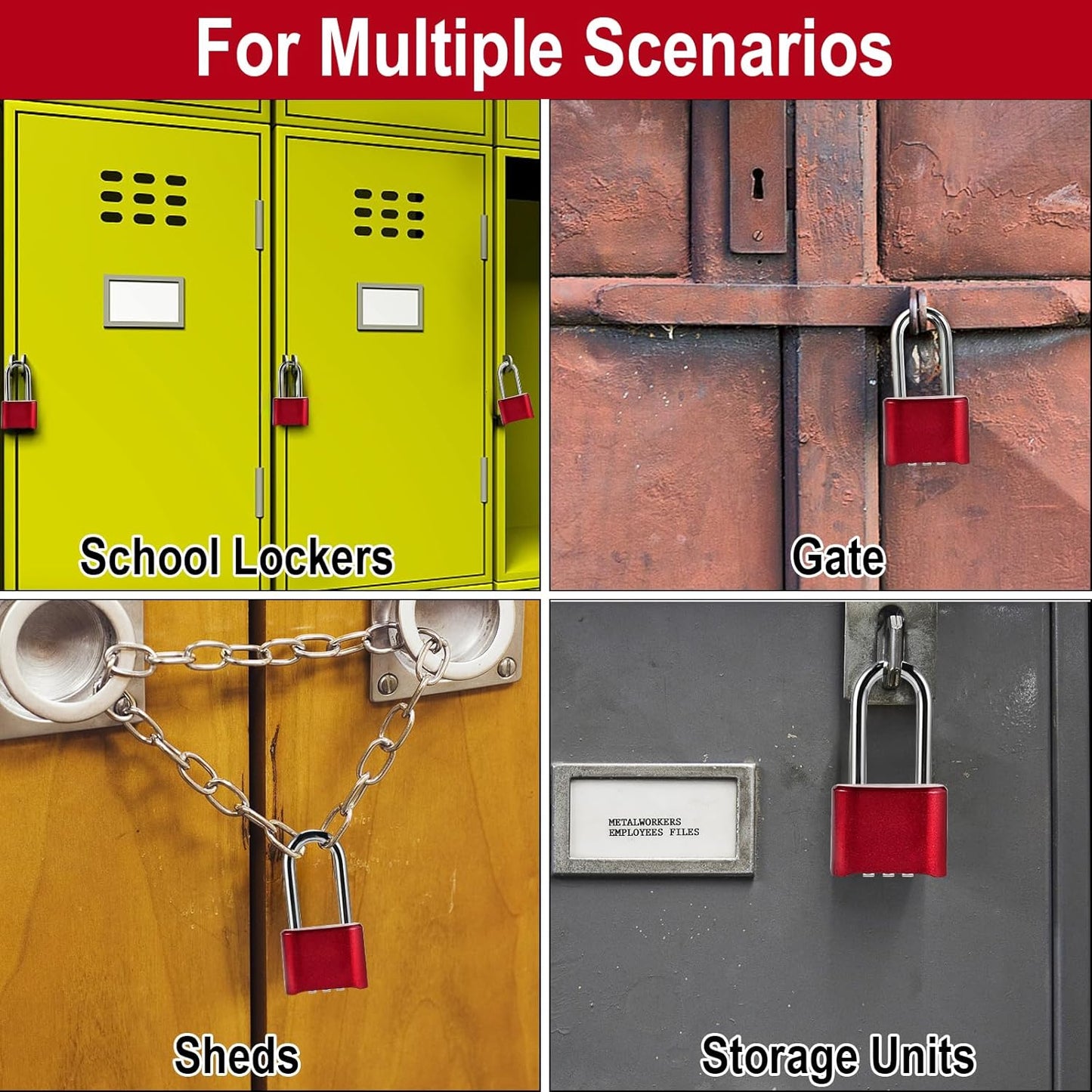 Combination Lock, 4-Digit Heavy Duty Combo Lock, Combination Padlock Outdoor Waterproof Gate Locks for Outdoor Fence, Locker, Sheds, Gym, Gate Hasps (Long Shackle) (2pcs-Red)